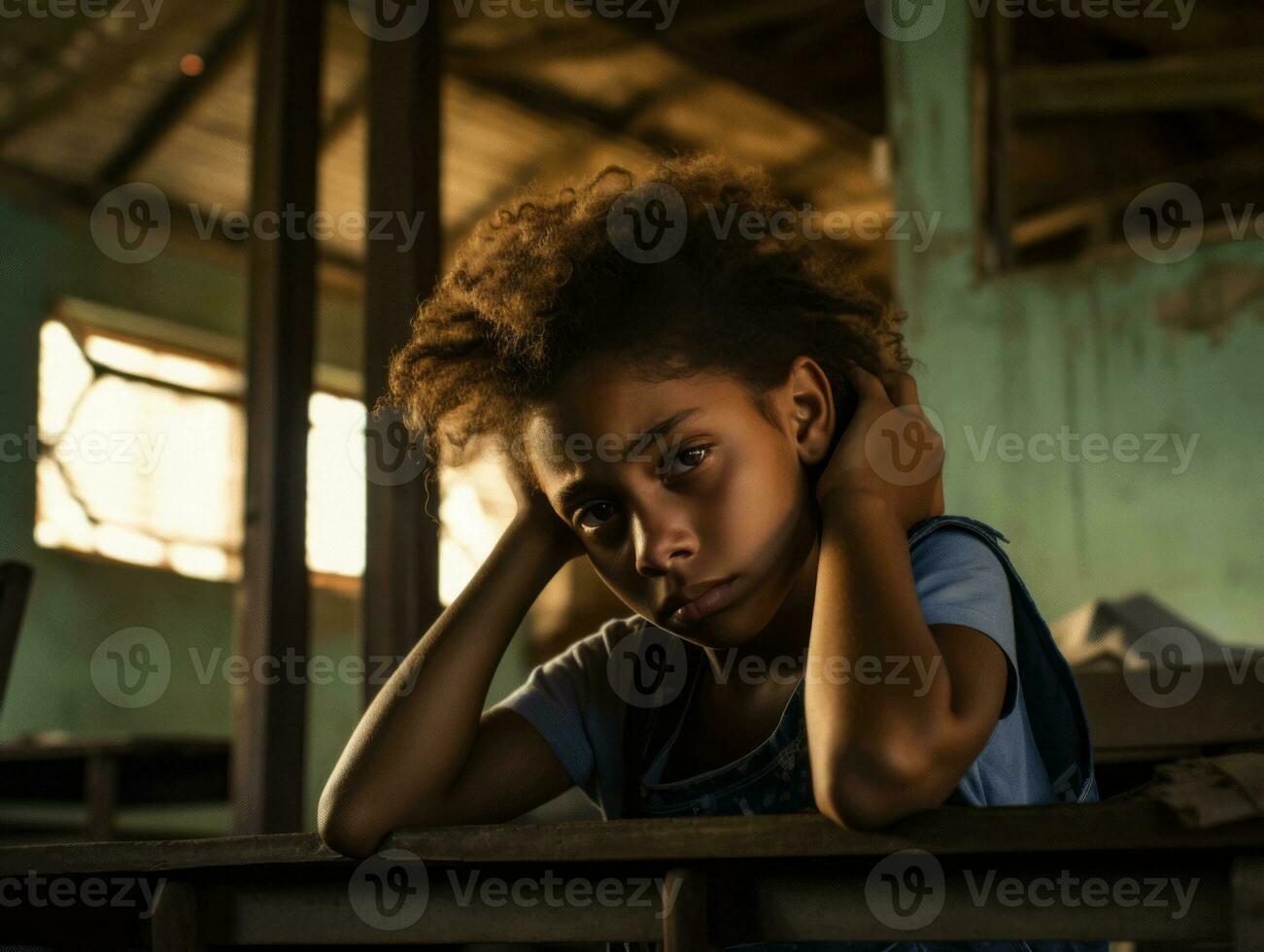 Foto von emotional dynamisch Pose brasilianisch Kind im Schule ai generativ