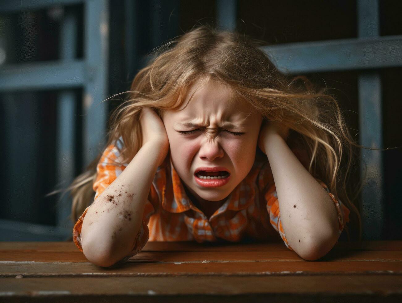 Foto von emotional dynamisch Pose europäisch Kind im Schule ai generativ