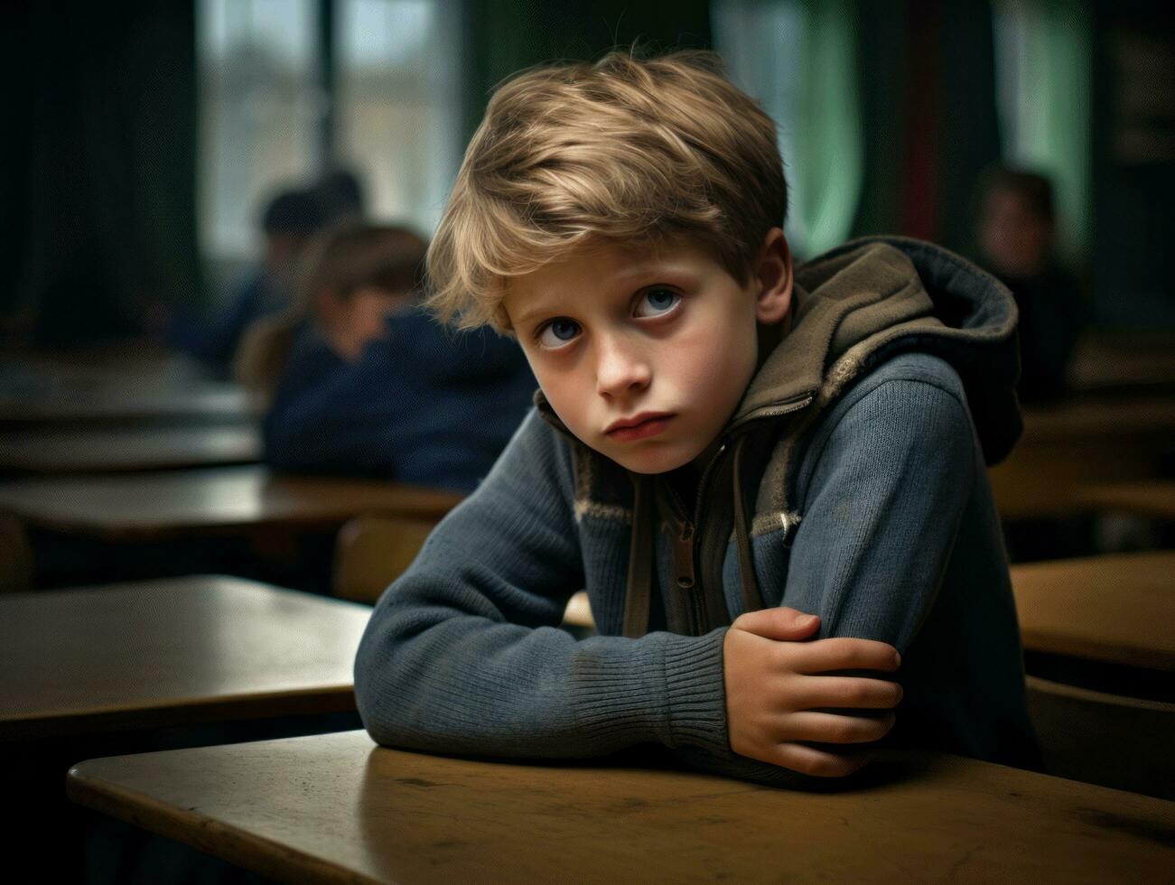 Foto von emotional dynamisch Pose europäisch Kind im Schule ai generativ