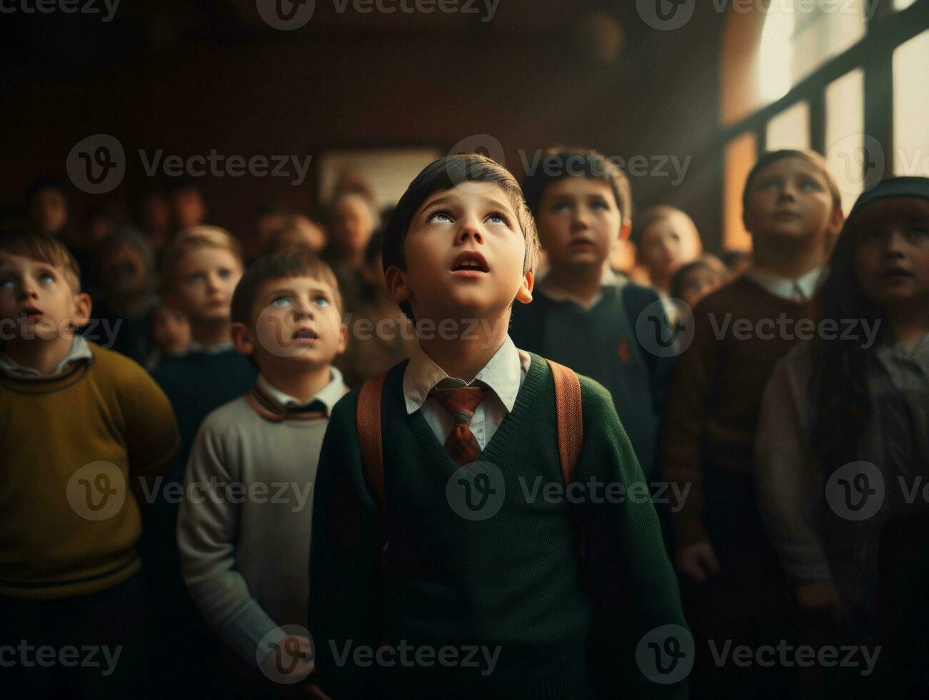 Foto von emotional dynamisch Pose europäisch Kind im Schule ai generativ