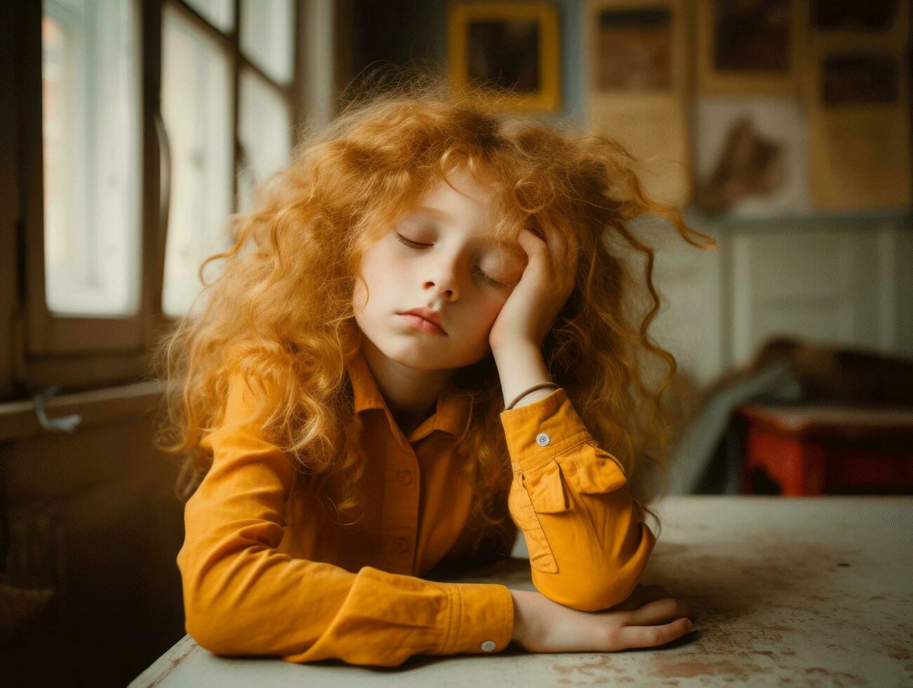 Foto von emotional dynamisch Pose europäisch Kind im Schule ai generativ