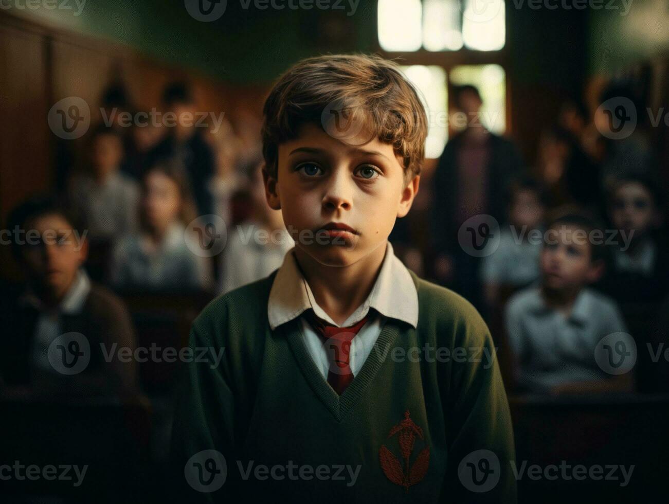 Foto von emotional dynamisch Pose europäisch Kind im Schule ai generativ