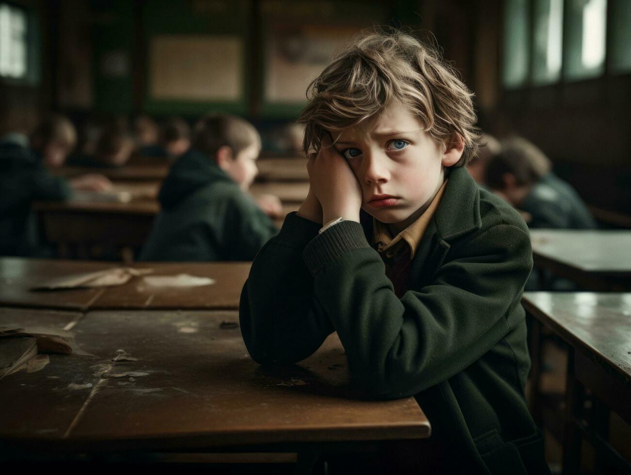 Foto von emotional dynamisch Pose europäisch Kind im Schule ai generativ