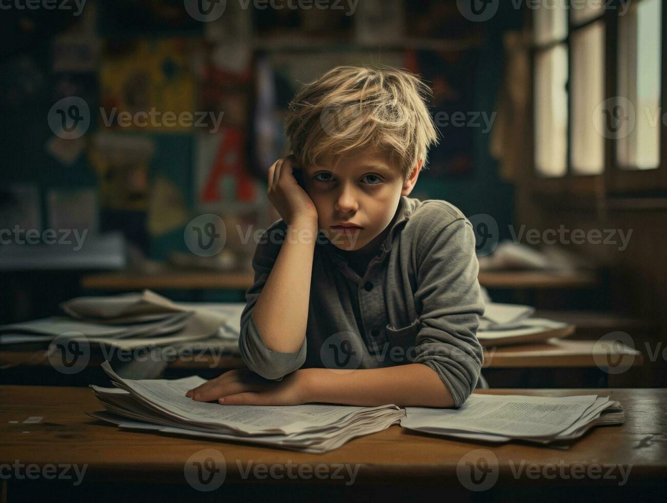 Foto von emotional dynamisch Pose europäisch Kind im Schule ai generativ