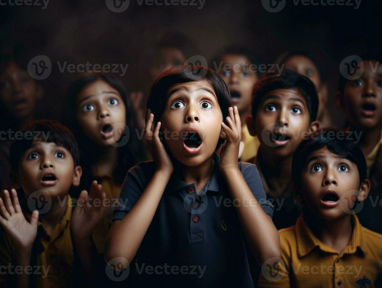 Foto von emotional dynamisch Pose indisch Kind im Schule ai generativ