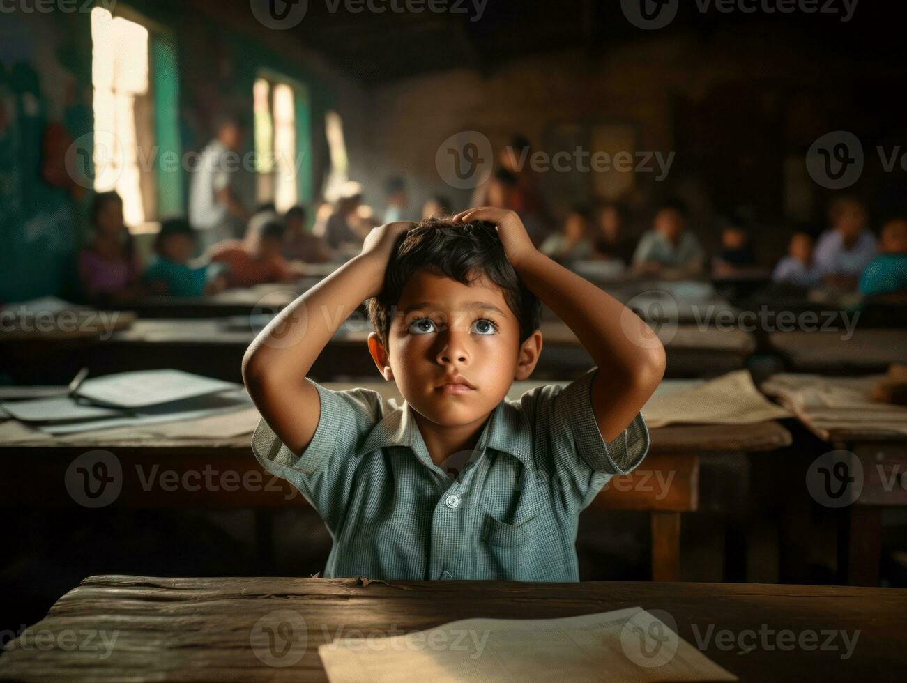 Foto von emotional dynamisch Pose Mexikaner Kind im Schule ai generativ