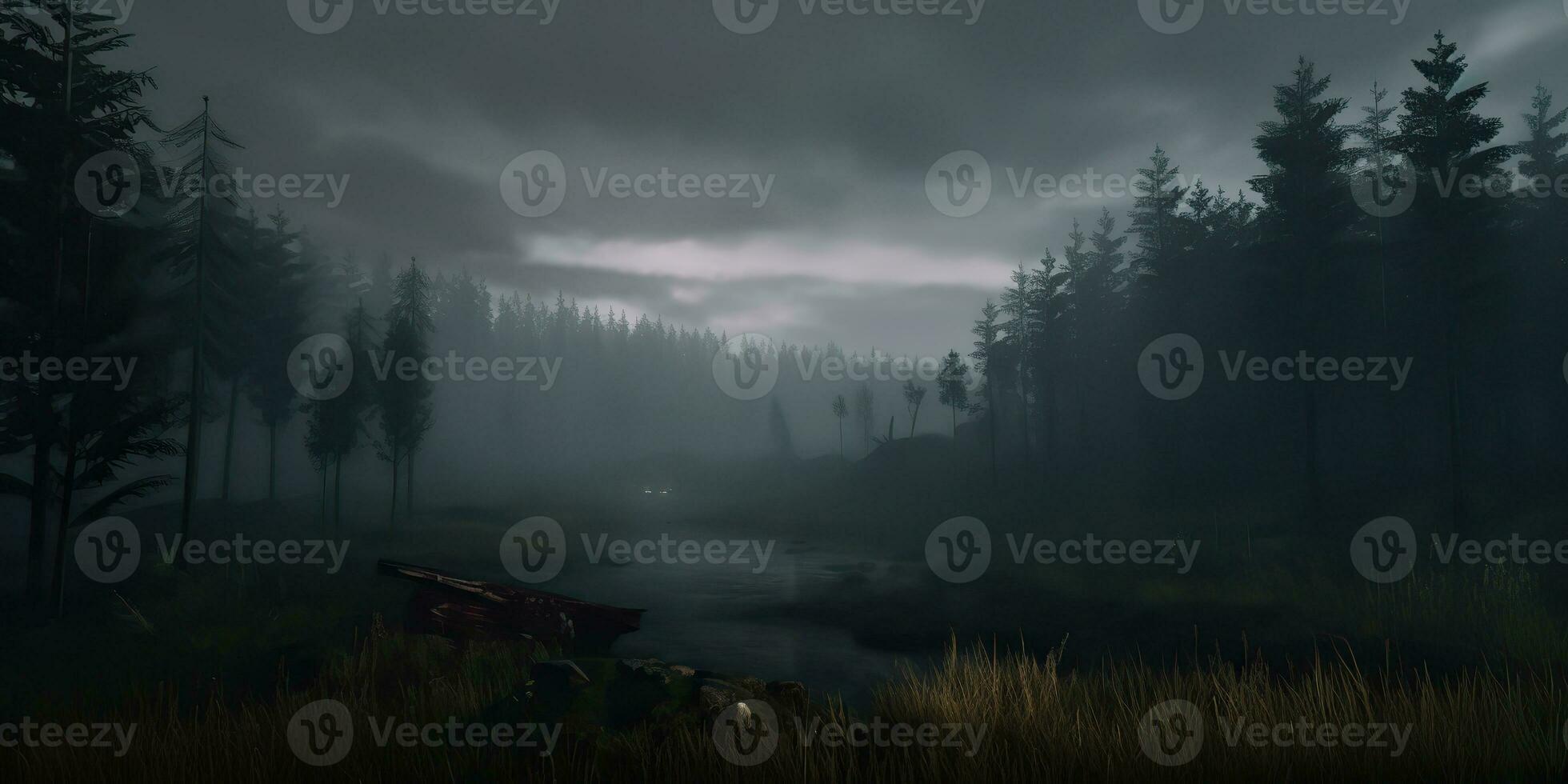 ai generiert. ai generativ. Nebel Magie Nebel Nacht dunkel Wald Baum Urwald Landschaft Hintergrund. unheimlich Natur draussen Abenteuer erkunden Reise Stimmung Stil. Grafik Kunst foto