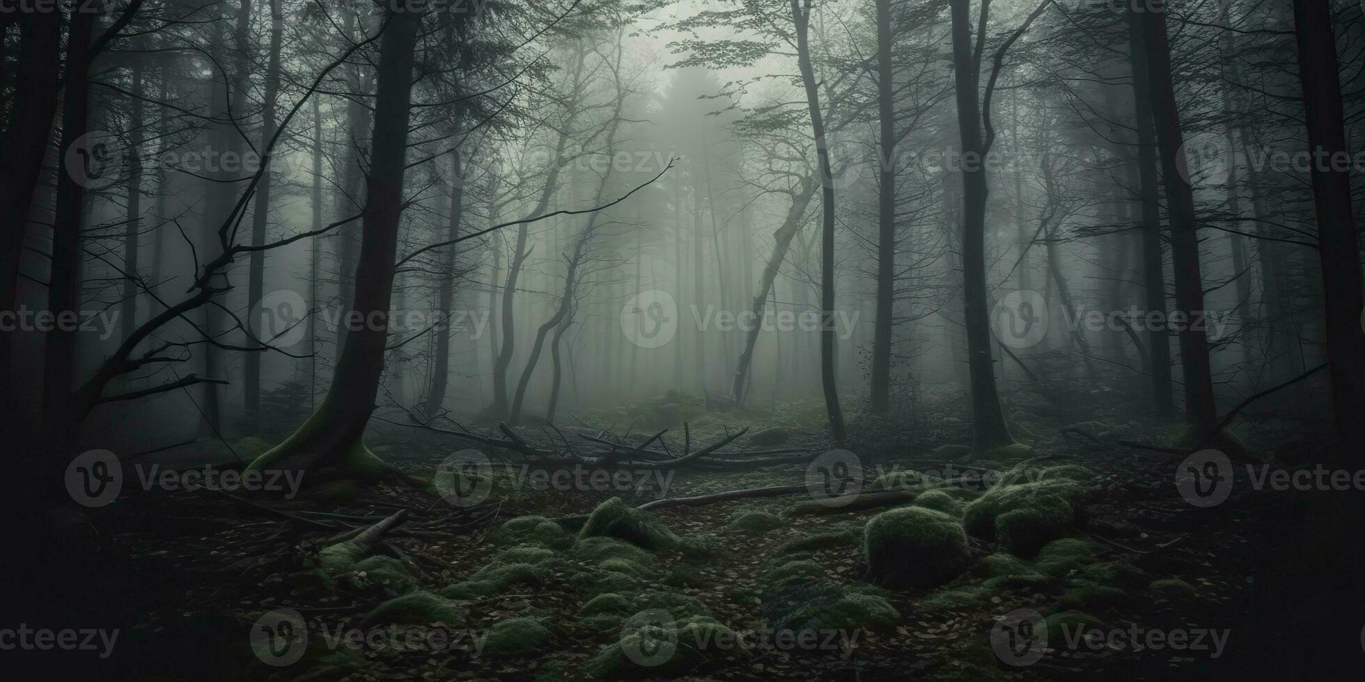 ai generiert. ai generativ. Nebel Magie Nebel Nacht dunkel Wald Baum Urwald Landschaft Hintergrund. unheimlich Natur draussen Abenteuer erkunden Reise Stimmung Stil. Grafik Kunst foto