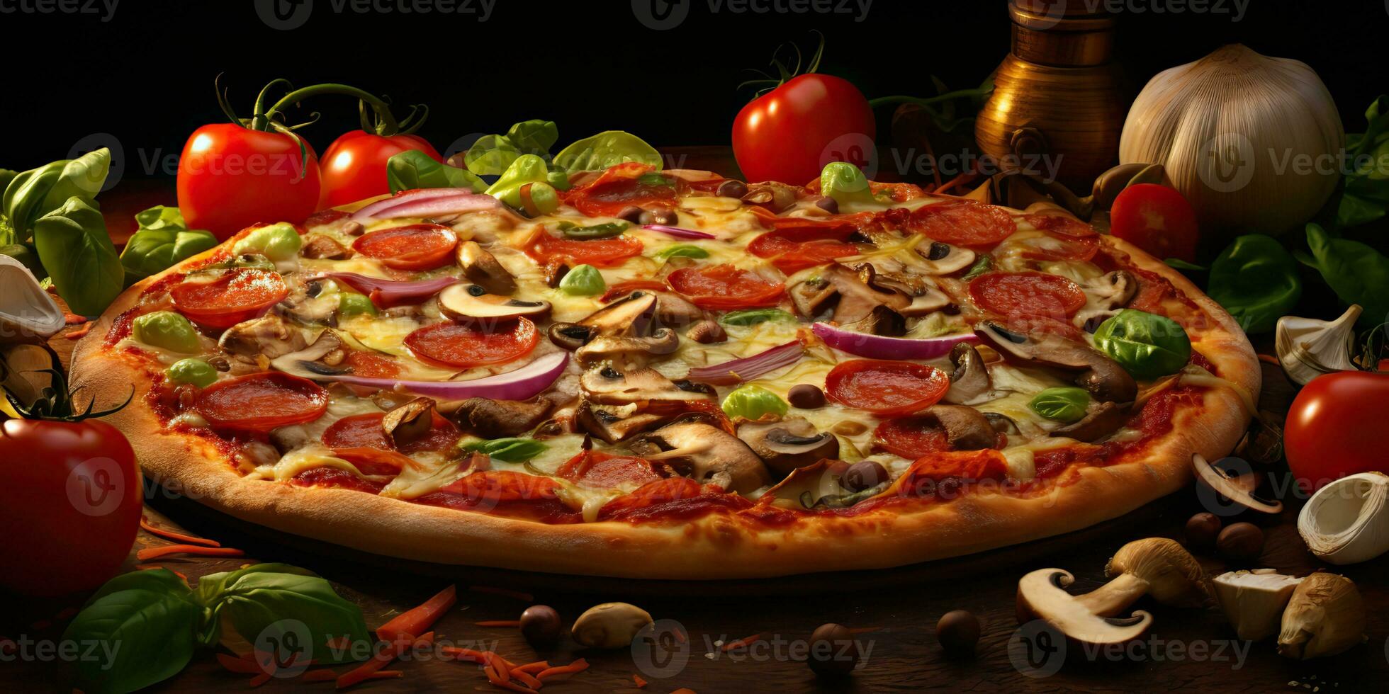 ai generiert. ai generativ. traditionell Italienisch Peperoni Pizza Lebensmittel. berühmt lecker schnell Essen Mahlzeit gebacken frisch Küche. Grafik Kunst foto