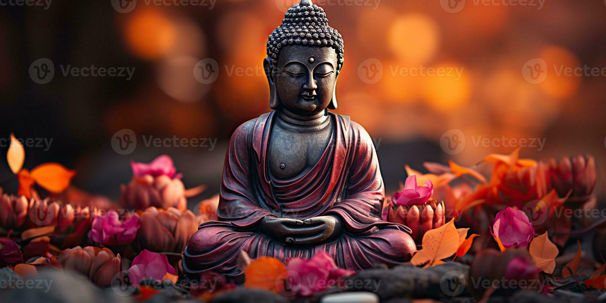 ai generiert. ai generativ. Kultur Geschichte asiatisch indisch Religion Buddha Statue Zahl mit Natur Rosa Pflanzen Hintergrund. Ruhe entspannen Liebe Frieden innere Stimmung. Grafik Kunst foto