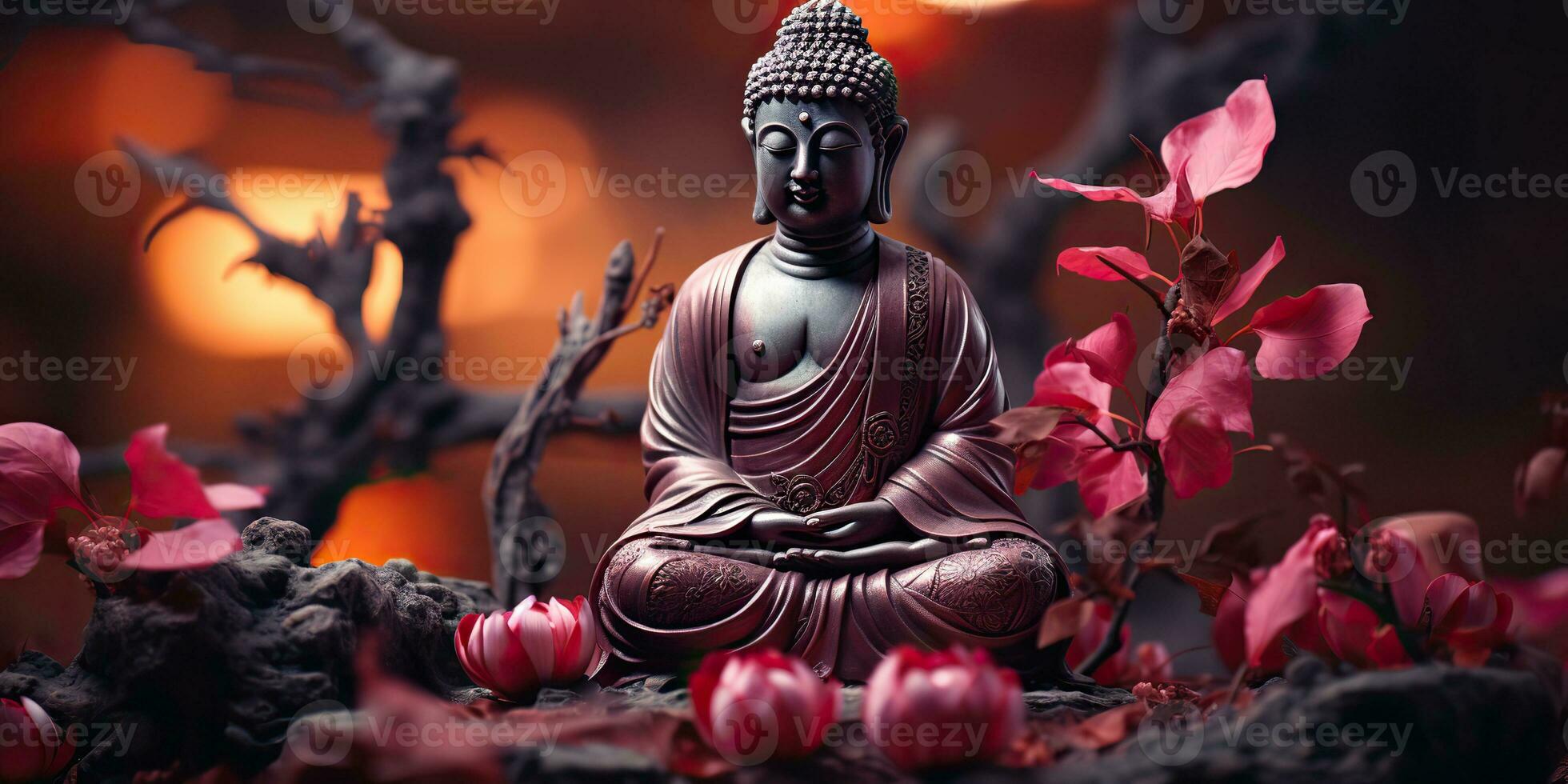 ai generiert. ai generativ. Kultur Geschichte asiatisch indisch Religion Buddha Statue Zahl mit Natur Rosa Pflanzen Hintergrund. Ruhe entspannen Liebe Frieden innere Stimmung. Grafik Kunst foto