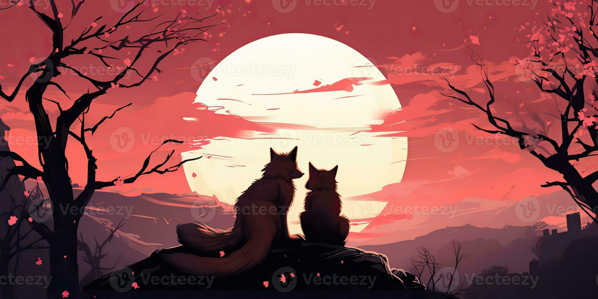 ai generiert. ai generativ. zwei schön romantisch süß Füchse suchen beim Mond. Natur Wald Hochzeit Kinder Zeit. Grafik Kunst foto
