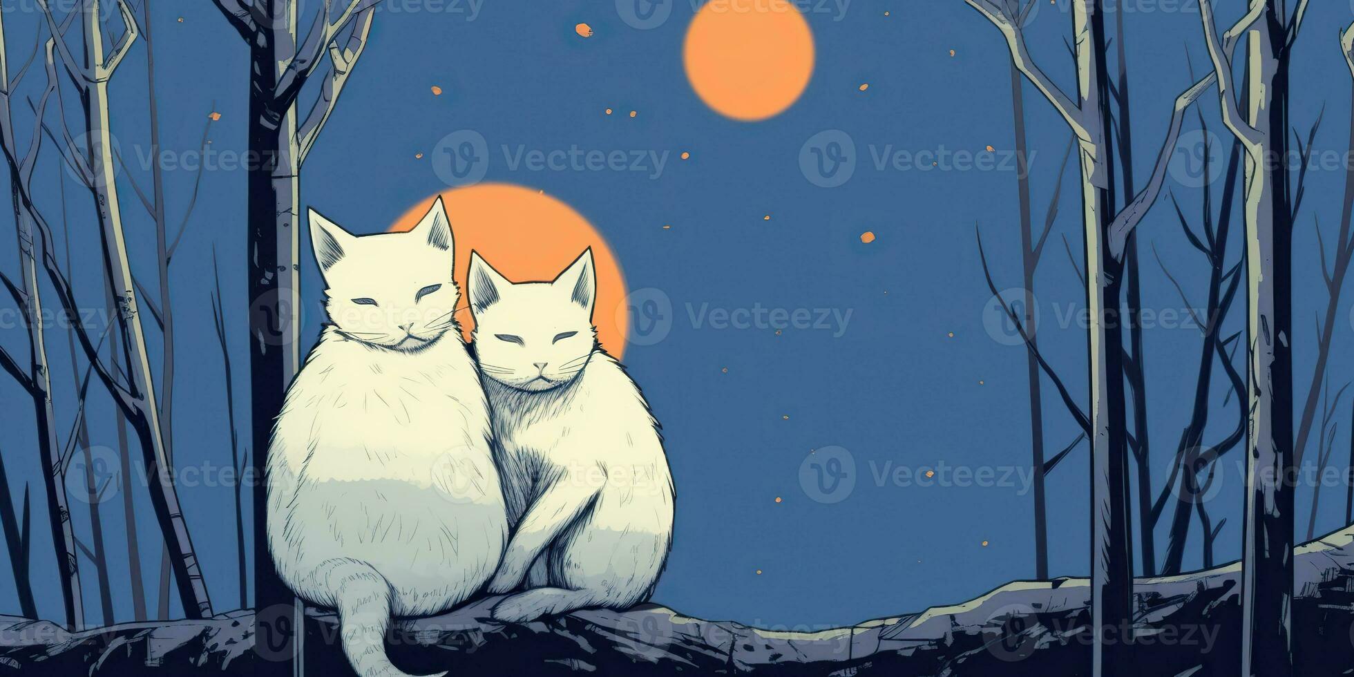 ai generiert. ai generativ. zwei Katzen Sitzung beim Nacht im Vorderseite von das Mond zusammen. Liebe romantisch Valentinstag Post Karte Stimmung. Grafik Kunst foto