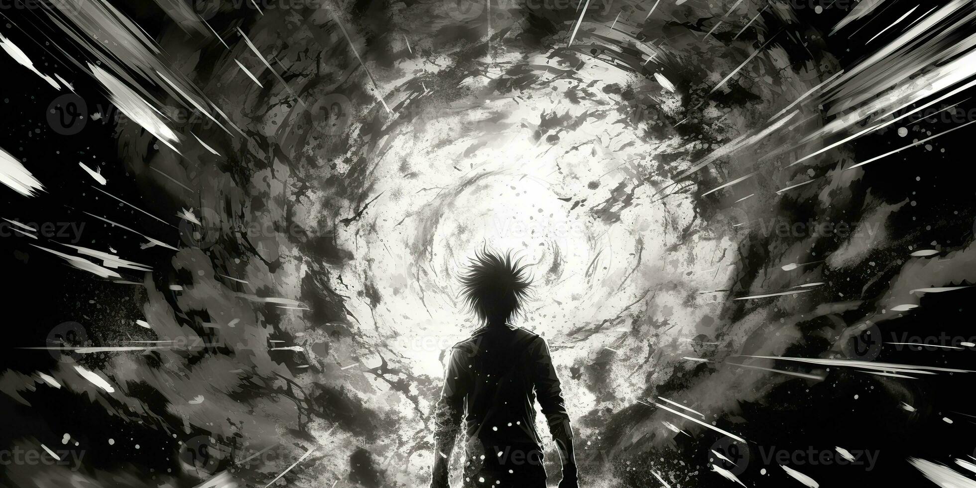 ai generiert. ai generativ. Anime Manga Grafik Karikatur Explosion Boom Sonnendurchbruch. Grafik Kunst foto