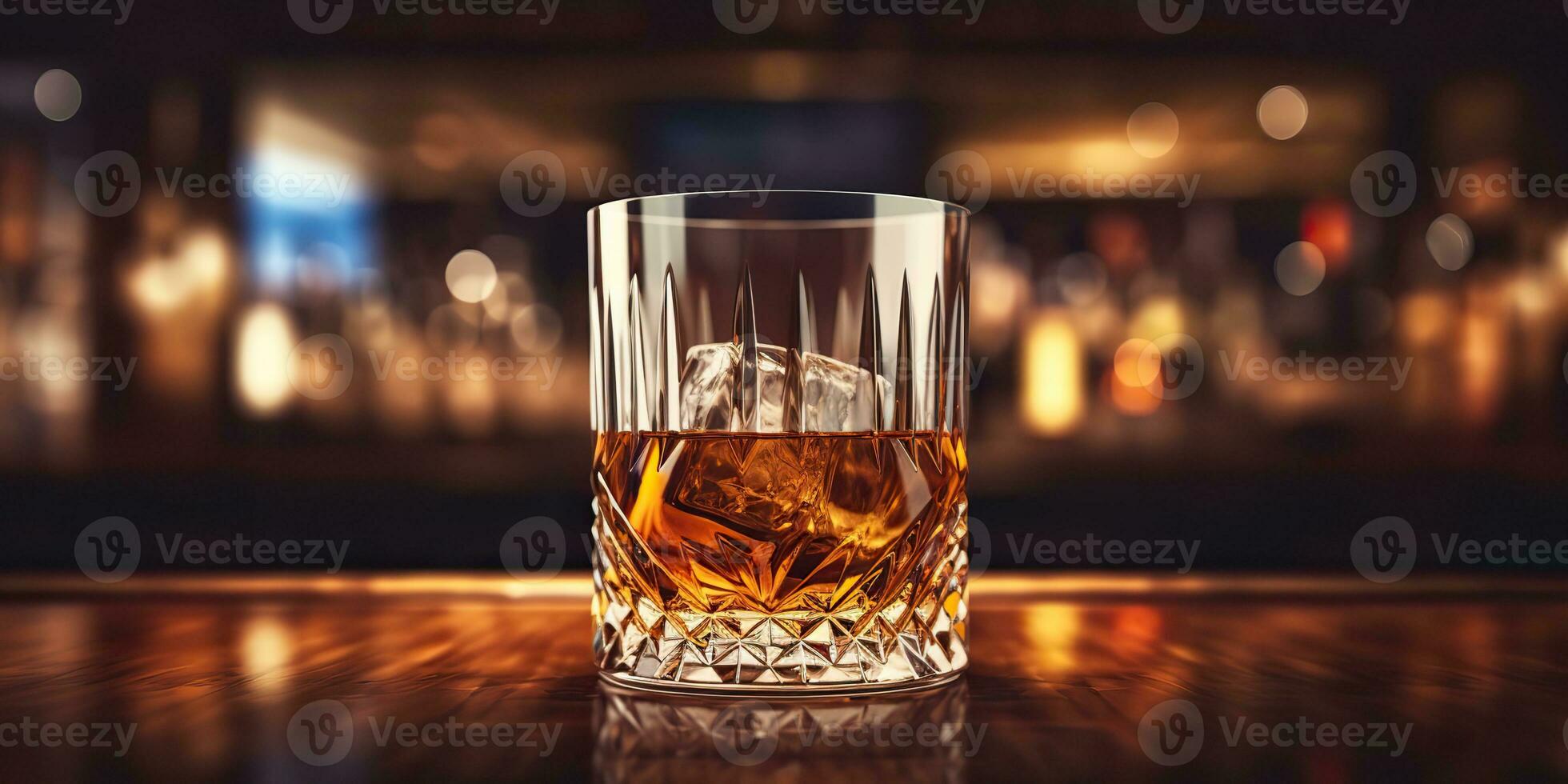 ai generiert. ai generativ. klassisch Alkohol Whiskey schott trinken im Glas mit Eis Würfel beim Bar Kneipe. nahe Verein Hintergrund Dekoration spotten hoch. Grafik Kunst foto