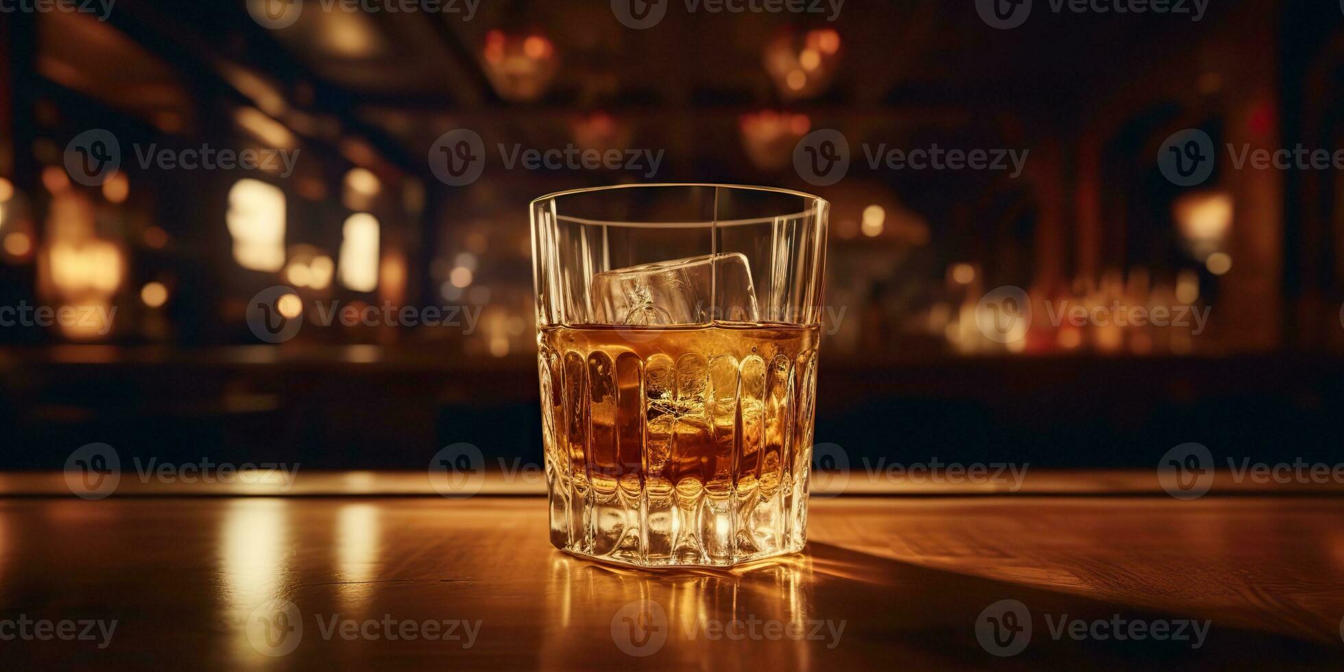 ai generiert. ai generativ. klassisch Alkohol Whiskey schott trinken im Glas mit Eis Würfel beim Bar Kneipe. nahe Verein Hintergrund Dekoration spotten hoch. Grafik Kunst foto