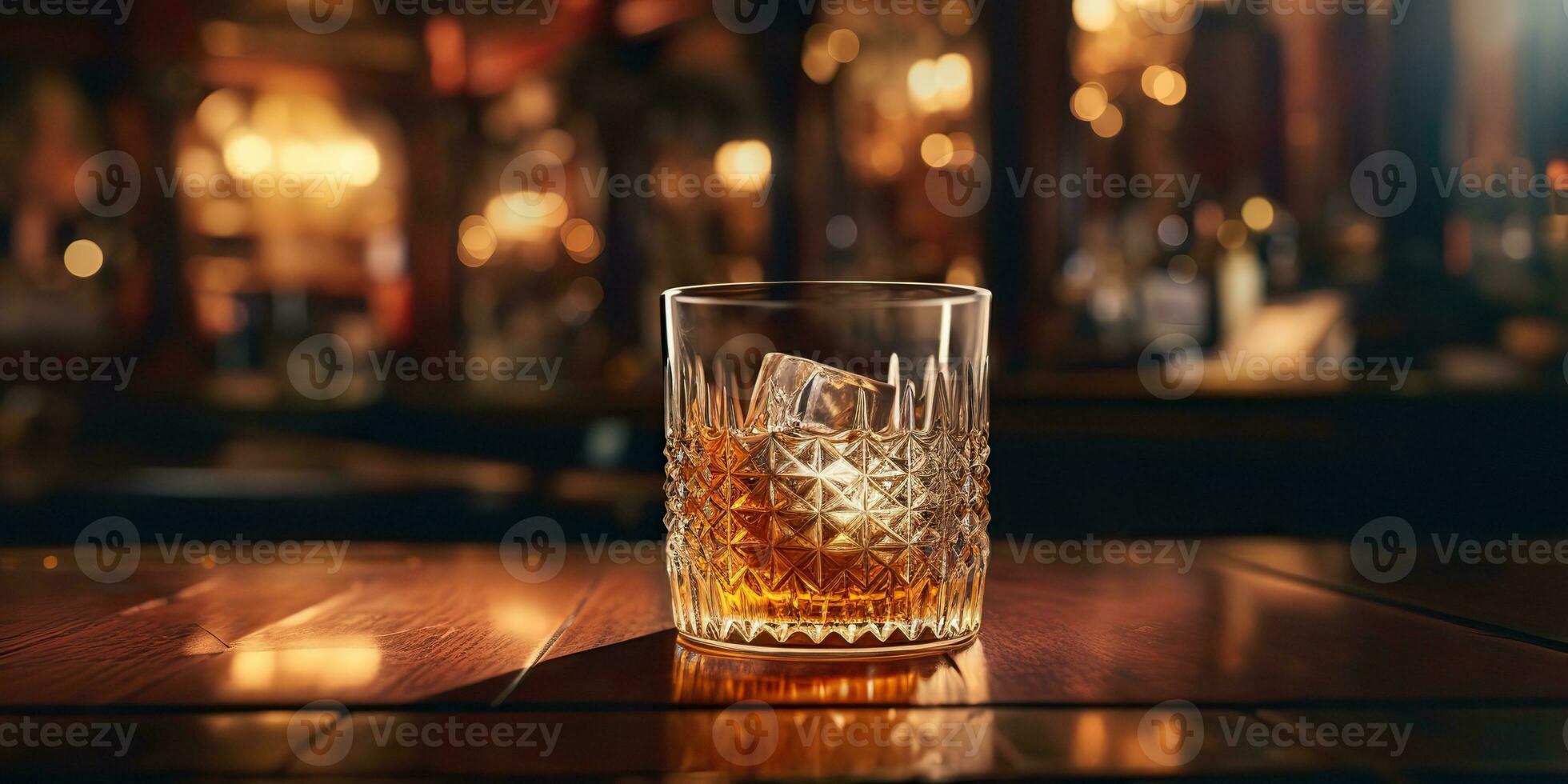 ai generiert. ai generativ. klassisch Alkohol Whiskey schott trinken im Glas mit Eis Würfel beim Bar Kneipe. nahe Verein Hintergrund Dekoration spotten hoch. Grafik Kunst foto