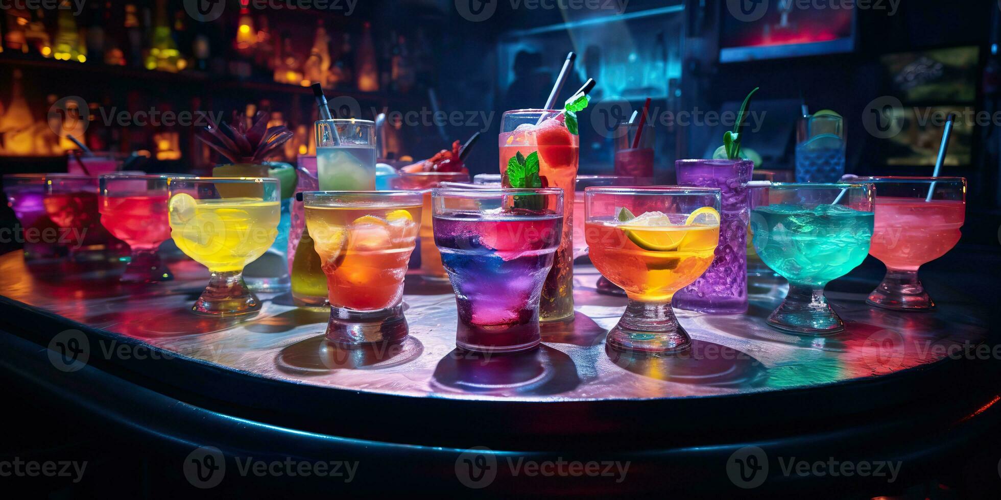 ai generiert. ai generativ. Neon- glühend Cocktail Glas Becher Bar Kneipe im Synthwave Cyberpunk Retrowave Stil. Nacht Leben Party Alkohol trinken Stimmung. Grafik Kunst foto