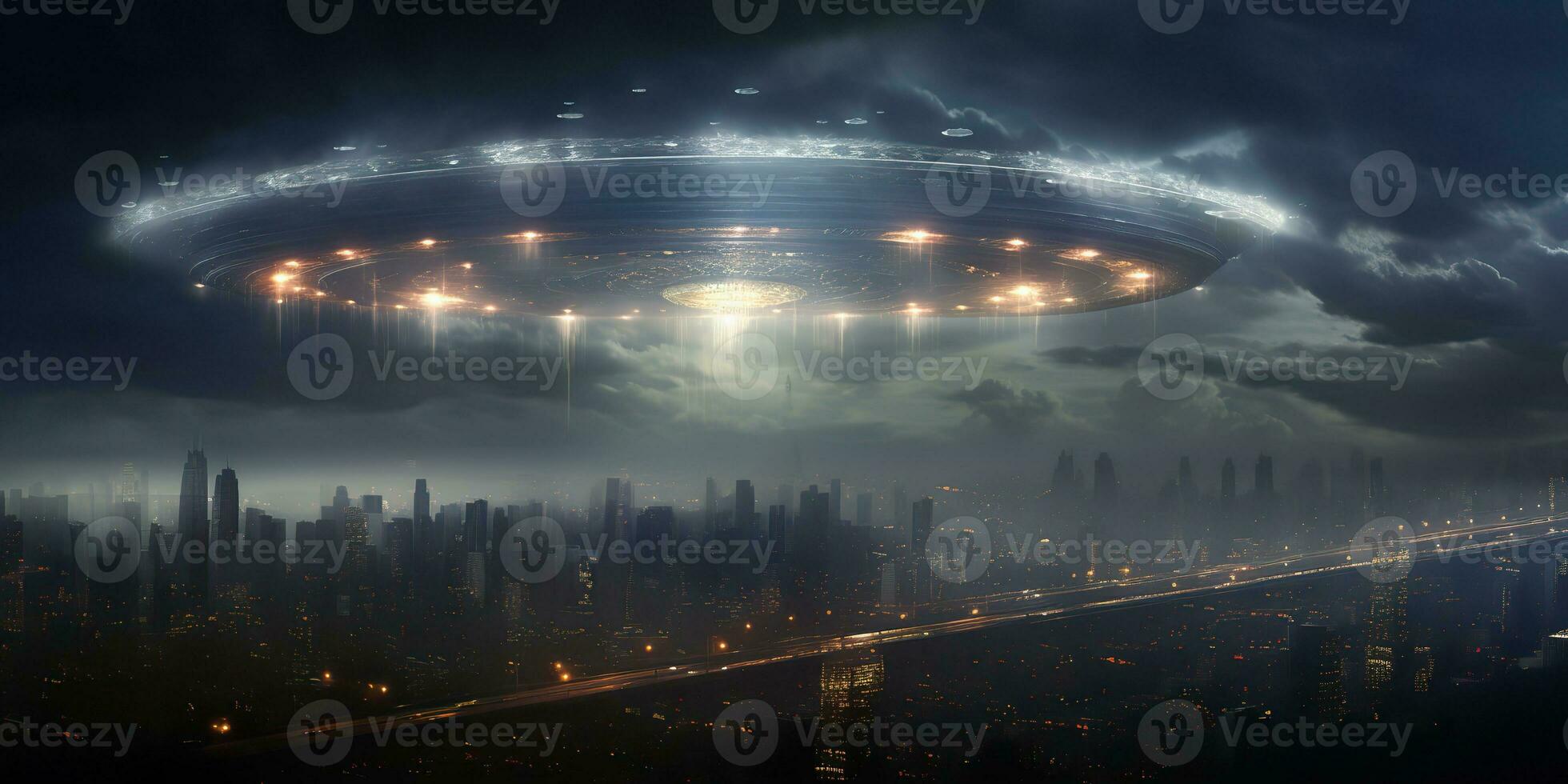 ai generiert. ai generativ. Außerirdischer Raumschiff Mutterschiff UFO Galaxis Invasion. dunkel Nacht Licht Stadt Stadt, Dorf Landschaft. Zukunft Fantasie Wirklichkeit. Grafik Kunst foto