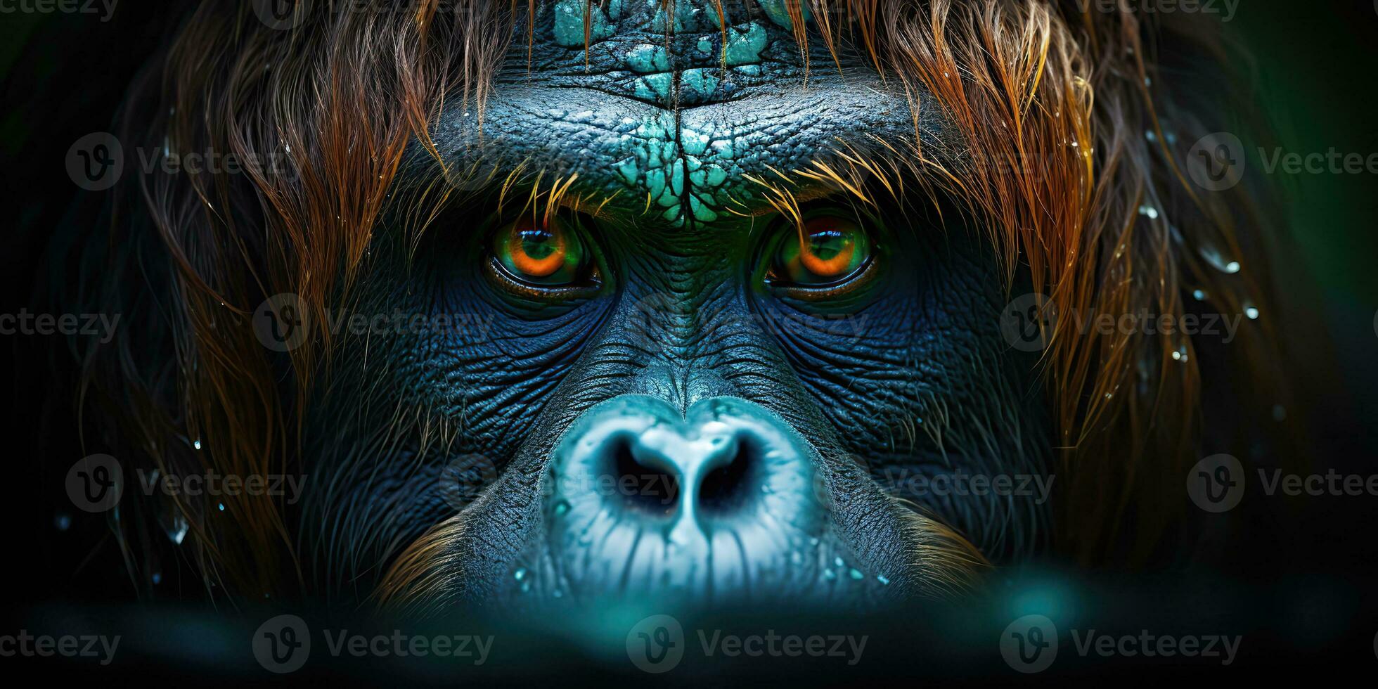 ai generiert. ai generativ. Orang-Utan Affe Gesicht Porträt Augen Aufpassen auf Du. Säugetier Tier Hintergrund Sicht. Grafik Kunst foto