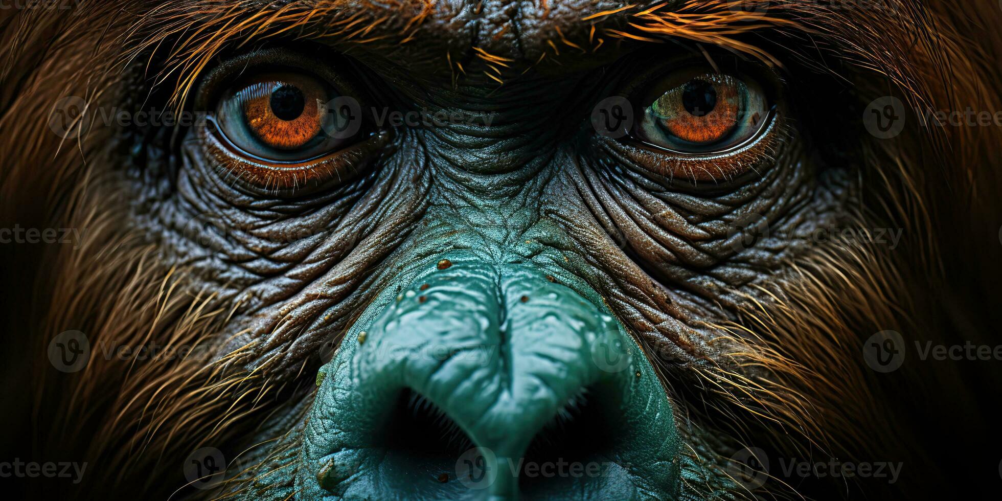 ai generiert. ai generativ. Orang-Utan Affe Gesicht Porträt Augen Aufpassen auf Du. Säugetier Tier Hintergrund Sicht. Grafik Kunst foto