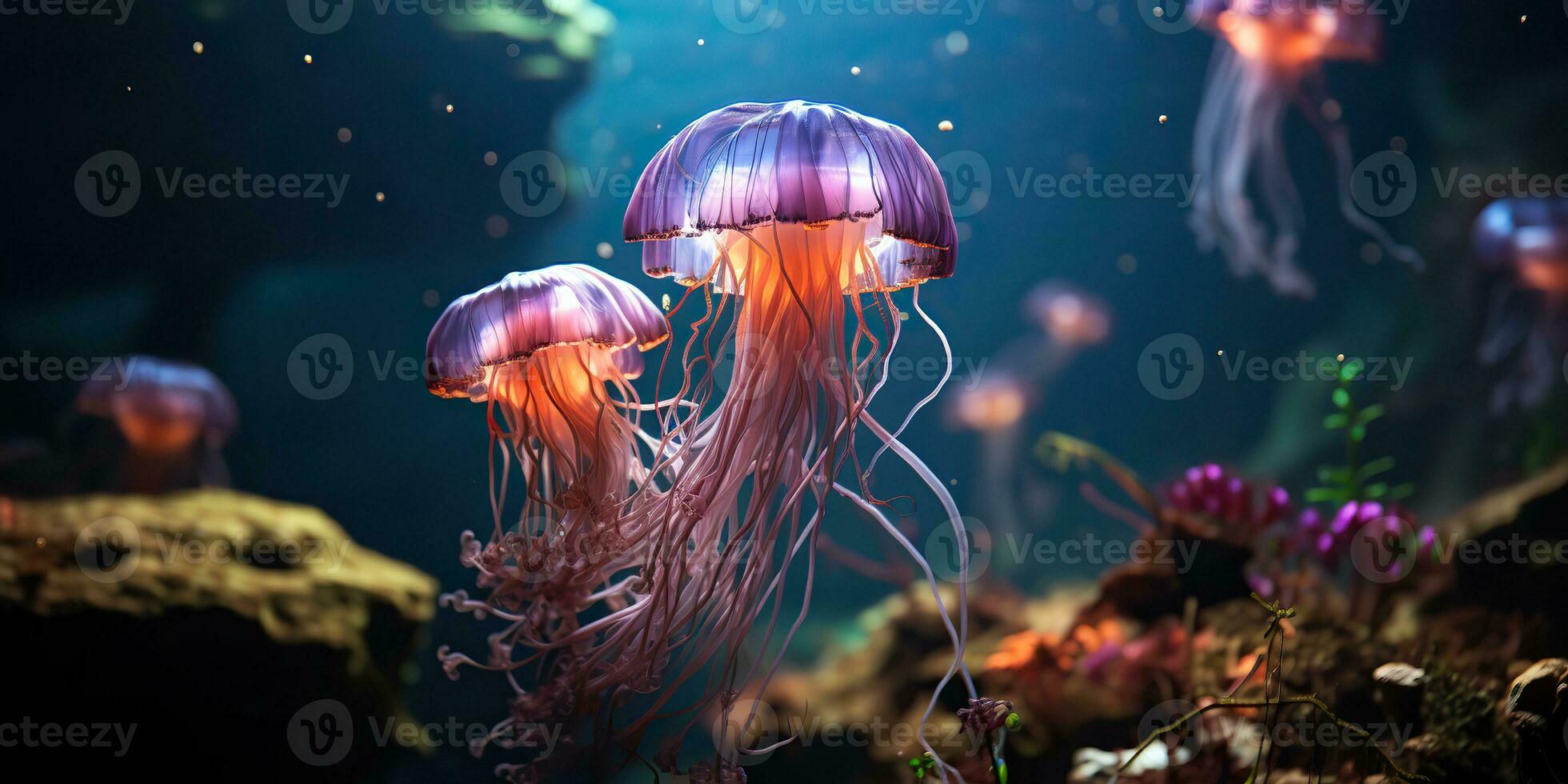 ai generiert. ai generativ. rot Qualle unter Wasser Tierwelt Meer Ozean Aquarium Leben. Grafik Kunst foto