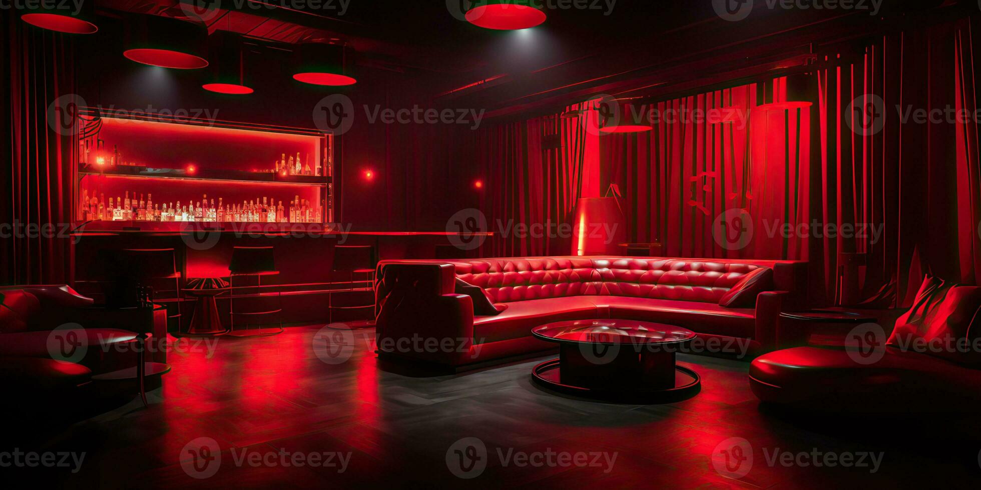 ai generiert. ai generativ. vip Privat Zimmer beim Nachtclub Innere Design. rot dunkel Nacht Leben Stil Party mit rot Sofa Sitzplätze. Grafik Kunst foto