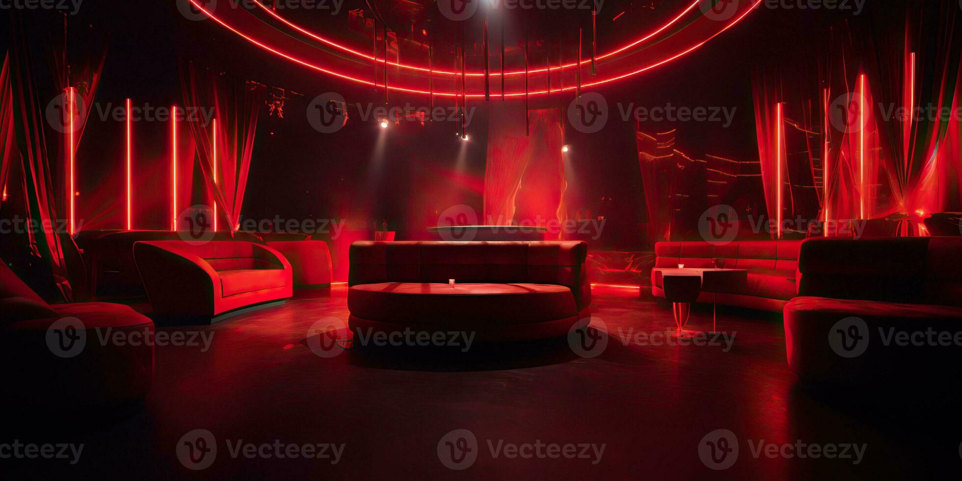 ai generiert. ai generativ. vip Privat Zimmer beim Nachtclub Innere Design. rot dunkel Nacht Leben Stil Party mit rot Sofa Sitzplätze. Grafik Kunst foto