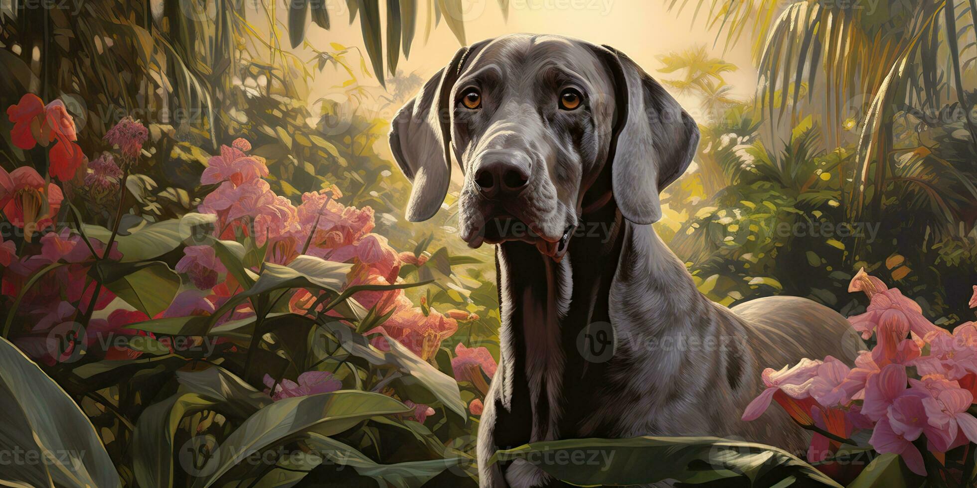 ai generiert. ai generativ. Deutsche kurz Haar Zeiger Hund Jäger beim tropisch Blumen Pflanzen Garten Hintergrund. Natur draussen wild Landschaft. Grafik Kunst foto