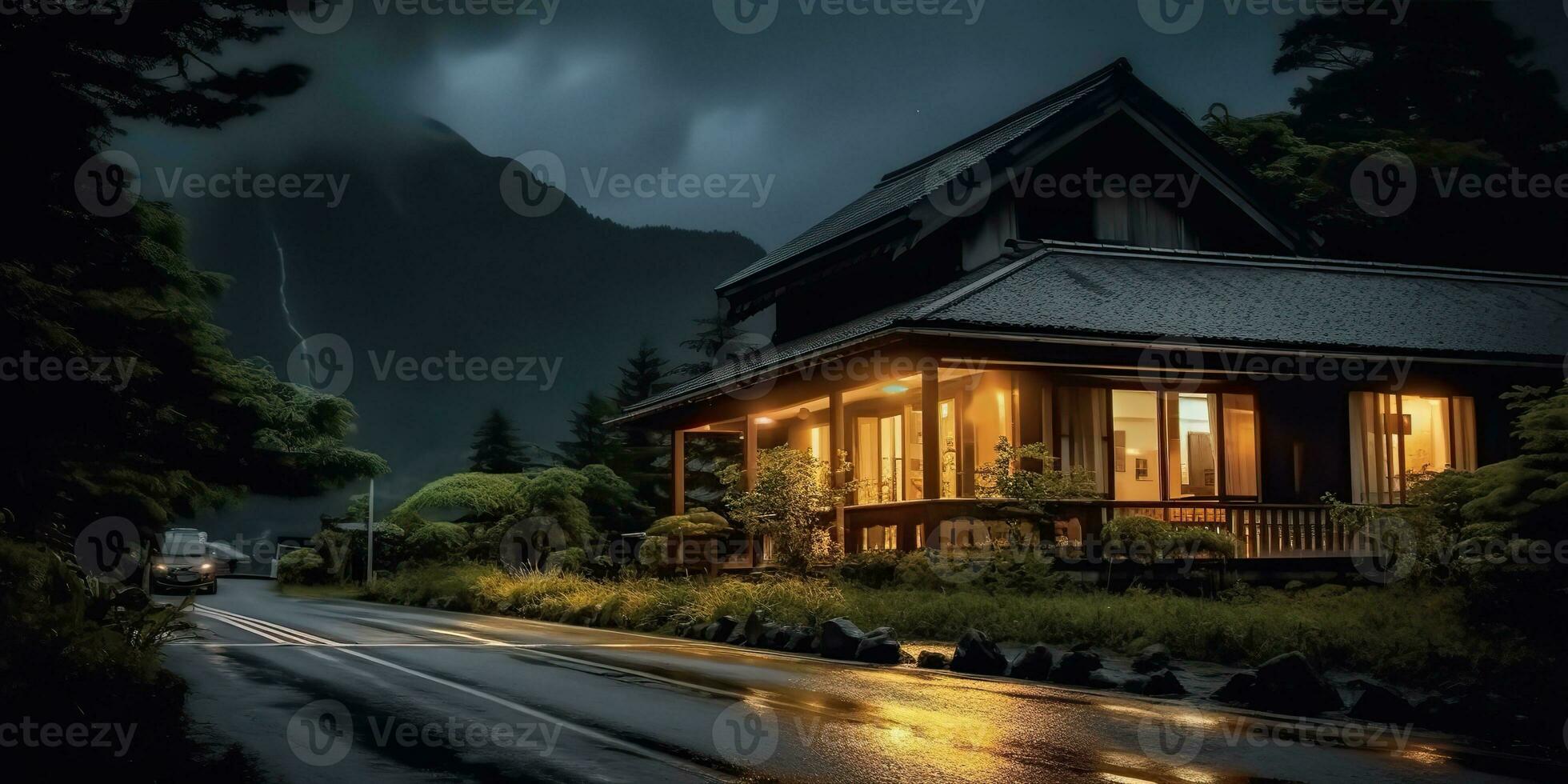 ai generiert. ai generativ. dunkel nahe Luxus Haus schließen zu das Straße. Landschaft Bauernhof draussen Natur unheimlich Stimmung. Grafik Kunst foto