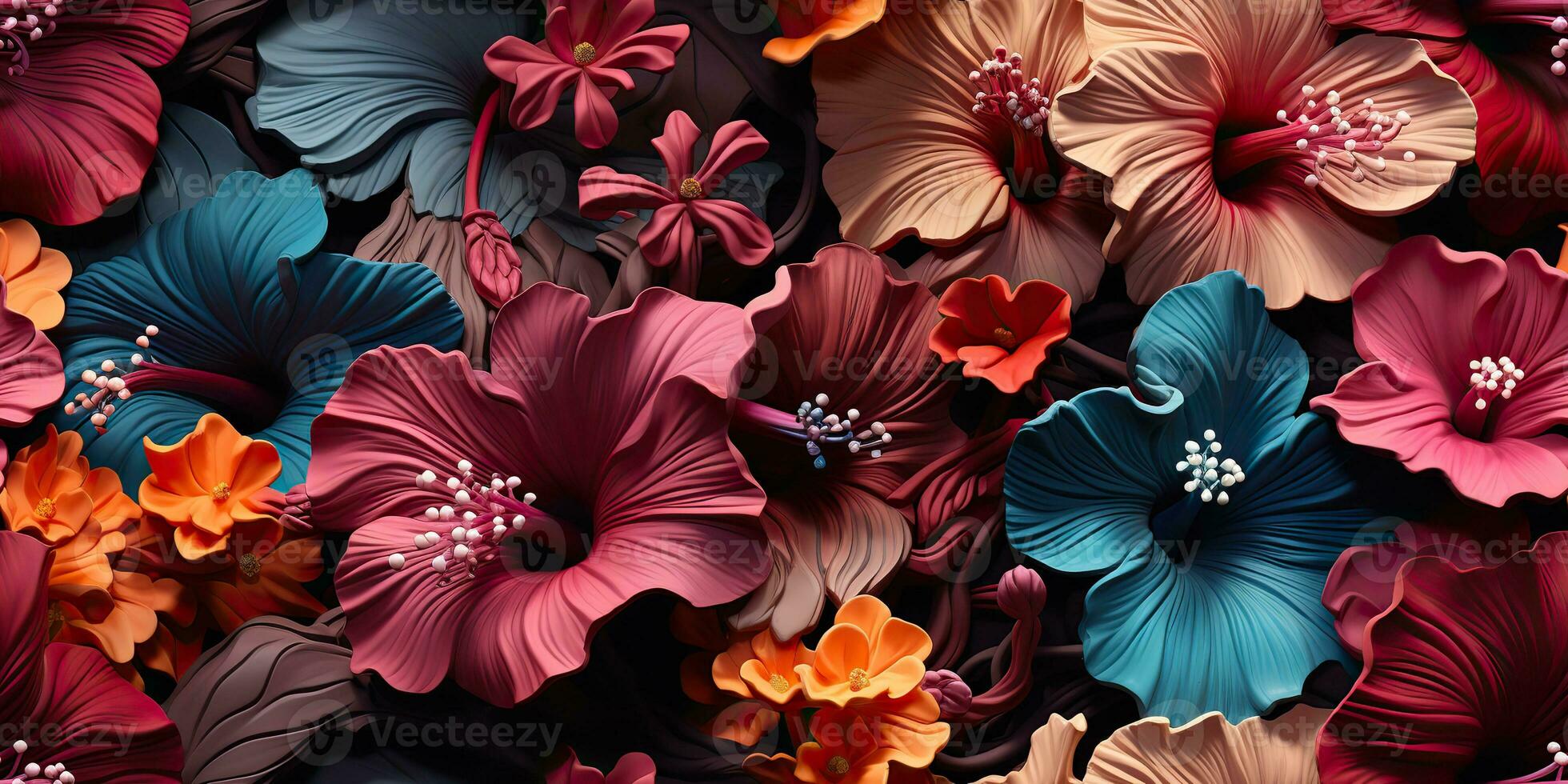 ai generiert. ai generativ. Hibiskus Blume Pflanze Blumen- botanisch exotisch tropisch blühen Muster Textur Hintergrund Dekoration Design. Grafik Kunst foto