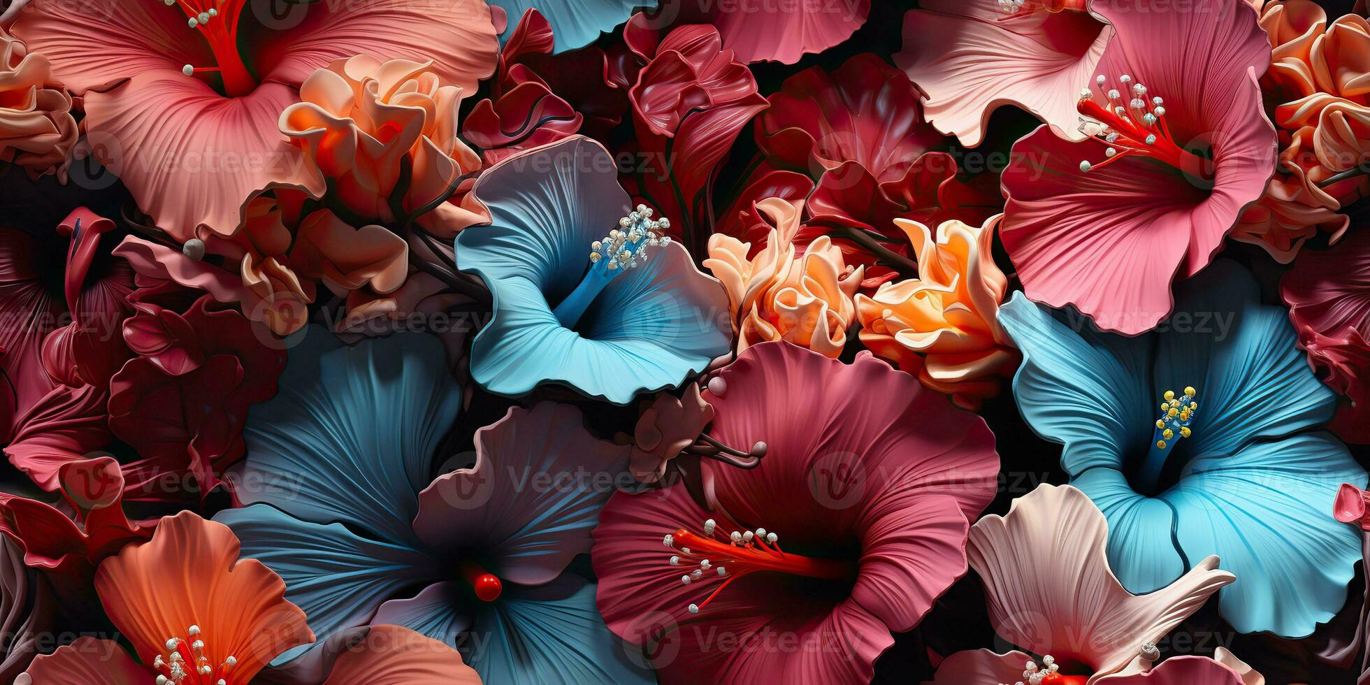 ai generiert. ai generativ. Hibiskus Blume Pflanze Blumen- botanisch exotisch tropisch blühen Muster Textur Hintergrund Dekoration Design. Grafik Kunst foto