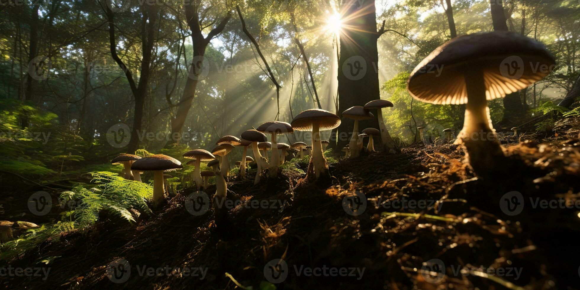 ai generiert. ai generativ. draussen Natur wild Landschaft Wald erkunden Reise Abenteuer mit Pilze finden auf Boden. Grafik Kunst foto