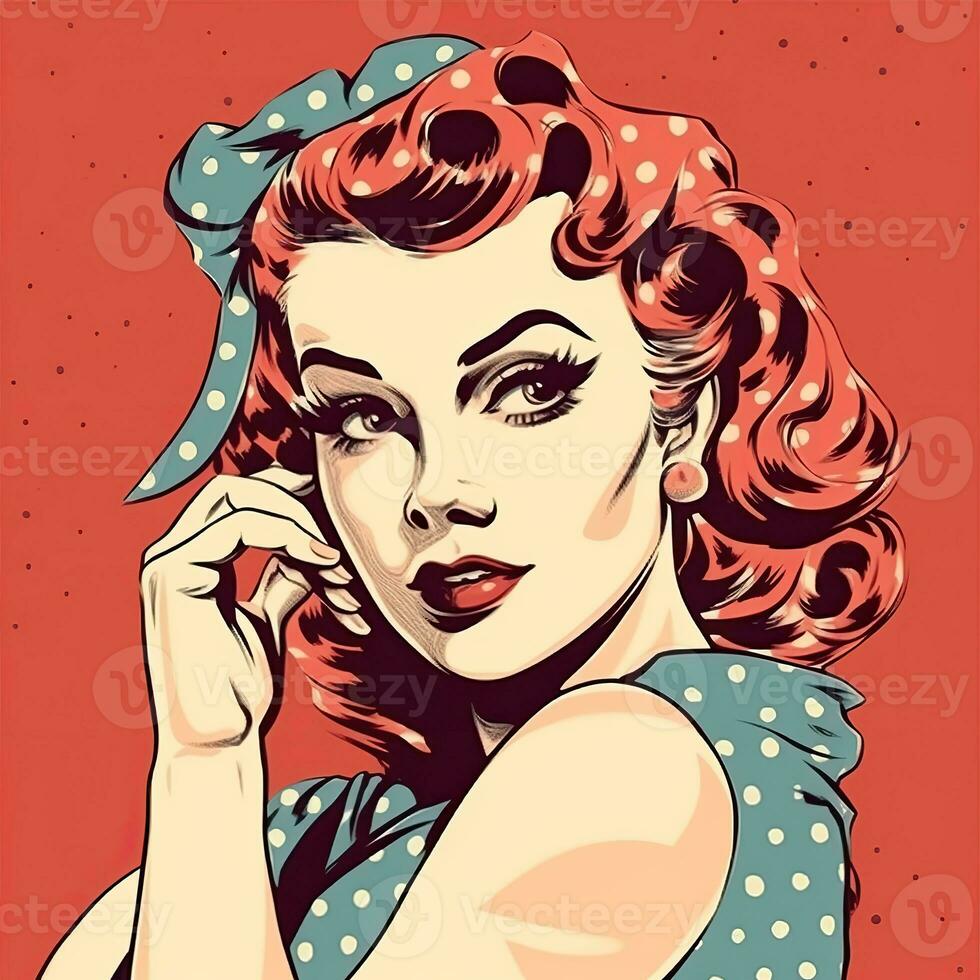 ai generiert. ai generativ. Stift oben sexy attraktiv schön Mädchen Frau. Comics Karikatur Jahrgang retro 1940 1959 amerikanisch Kultur klassisch Poster. Grafik Kunst foto