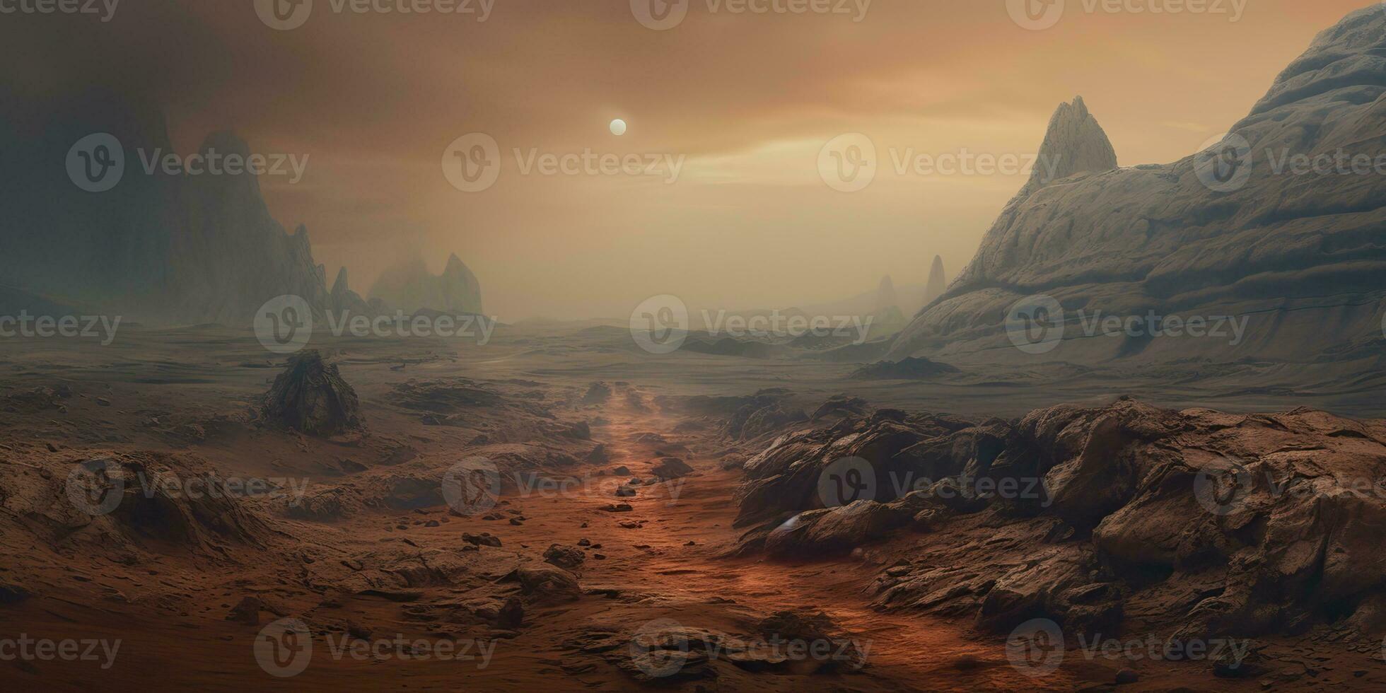 ai generiert. ai generativ. Mars Planet Galaxis Oberfläche Landschaft Wüste Berg draussen Landschaft. Grafik Kunst foto