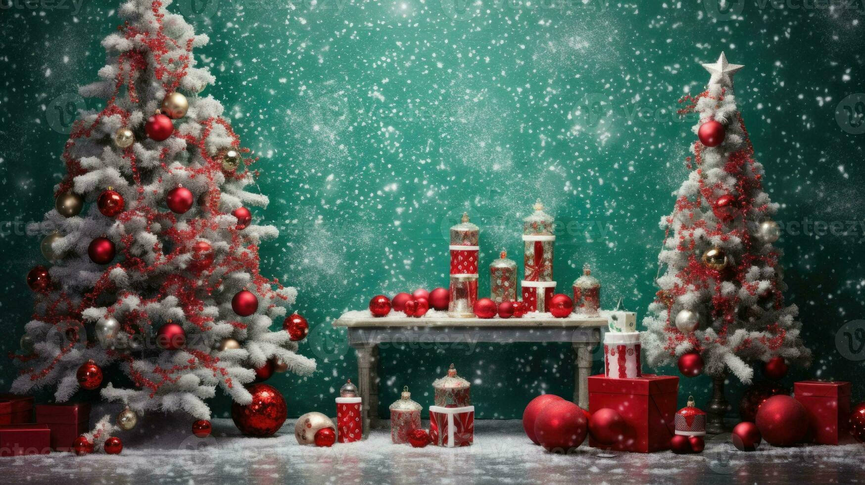 Winter oder Weihnachten gemütlich Innere. Dekorationen, Weihnachten Baum,  Geschenke und Zubehör. rot und Grün Farbe. ai generiert 26910012  Stock-Photo bei Vecteezy