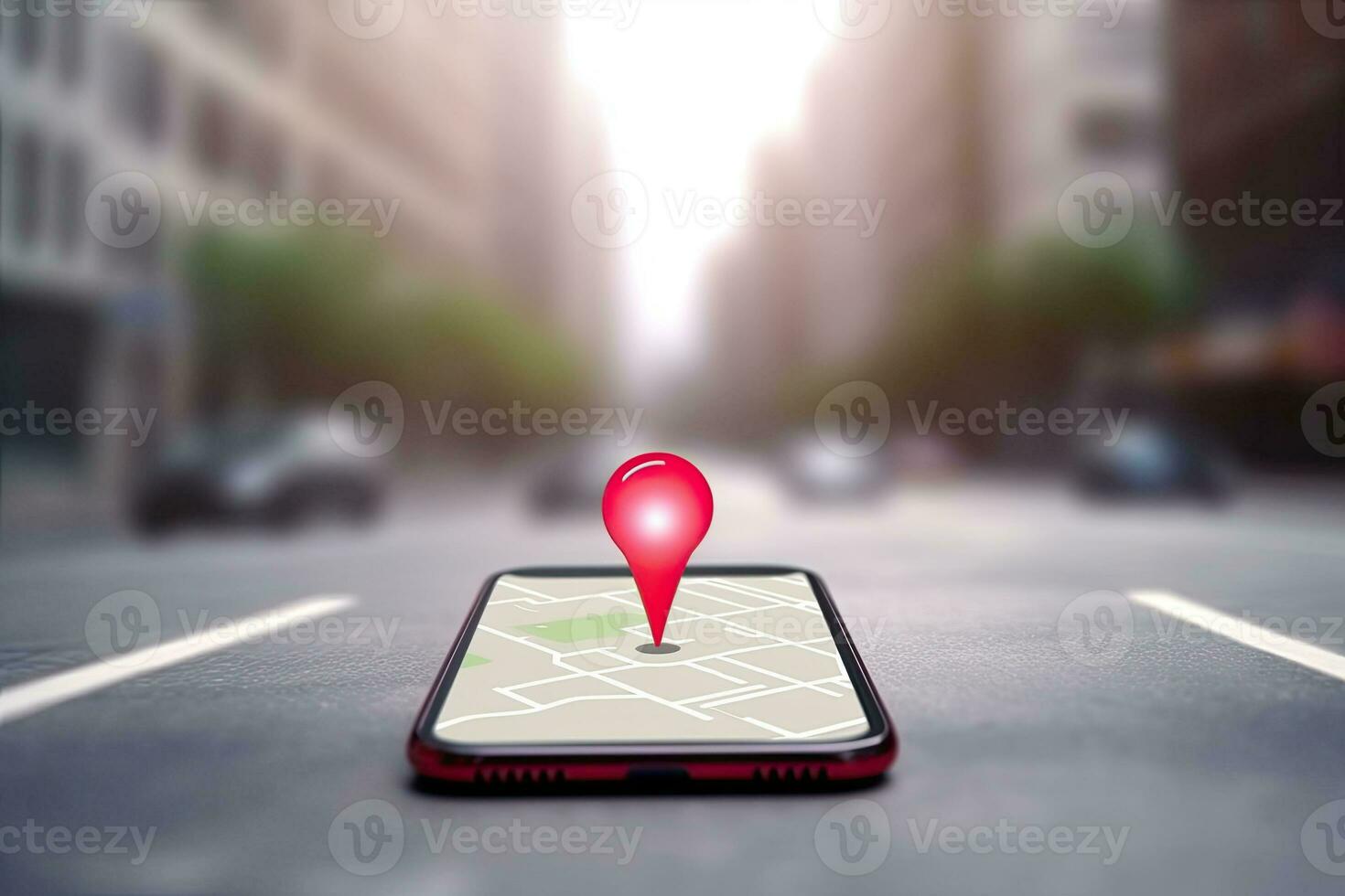 Punkt auf Smartphone mit Geographisches Positionierungs System Navigator Symbol und Karte auf verwischt Hintergrund. generativ ai foto