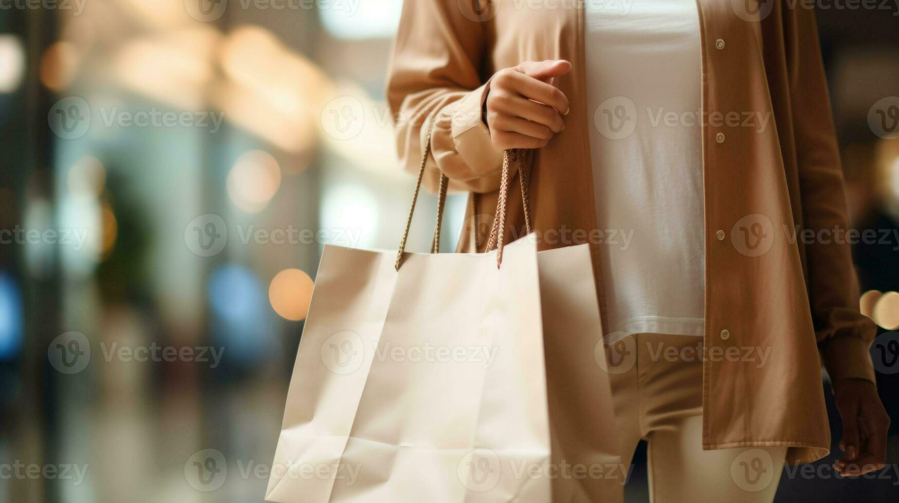 Einkaufen Taschen im das Frau Hände. jung Frau nach Einkaufen. das Freude von Verbrauch. ai generiert foto