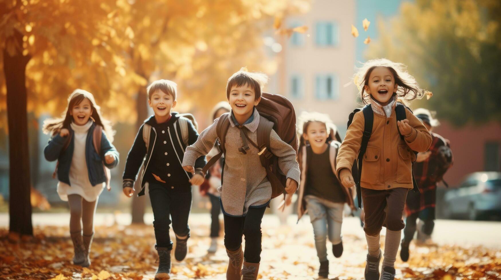 glückliche Kinder gehen zur Schule foto