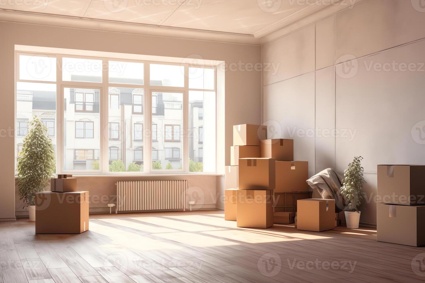 ai generativ ziehen um Tag Konzept Karton Karton Kisten Stapel mit Haushalt Besitz im modern Haus Leben Zimmer verpackt Behälter auf Fußboden im Neu Zuhause Umzug Renovierung Umzüge und Feinkost foto