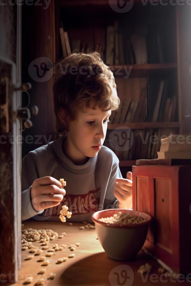 ai generativ stur wenig Kind Junge ablehnen Essen trocken Frühstück Mais Flocken mit Milch Sitzung im Küche ohne Appetit verärgert klein männlich Kind tut nicht wollen Essen geschmacklos Essen Verlust von foto