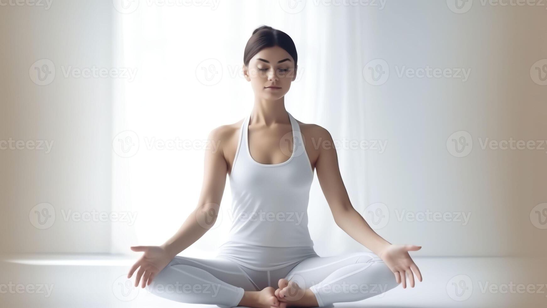 ai generativ jung sportlich attraktiv Frau üben Yoga tun Ardha Padmasana Übung meditieren im Hälfte Lotus Pose mit Mudra Geste Arbeiten aus tragen Sportbekleidung Innen- voll Länge weiß foto