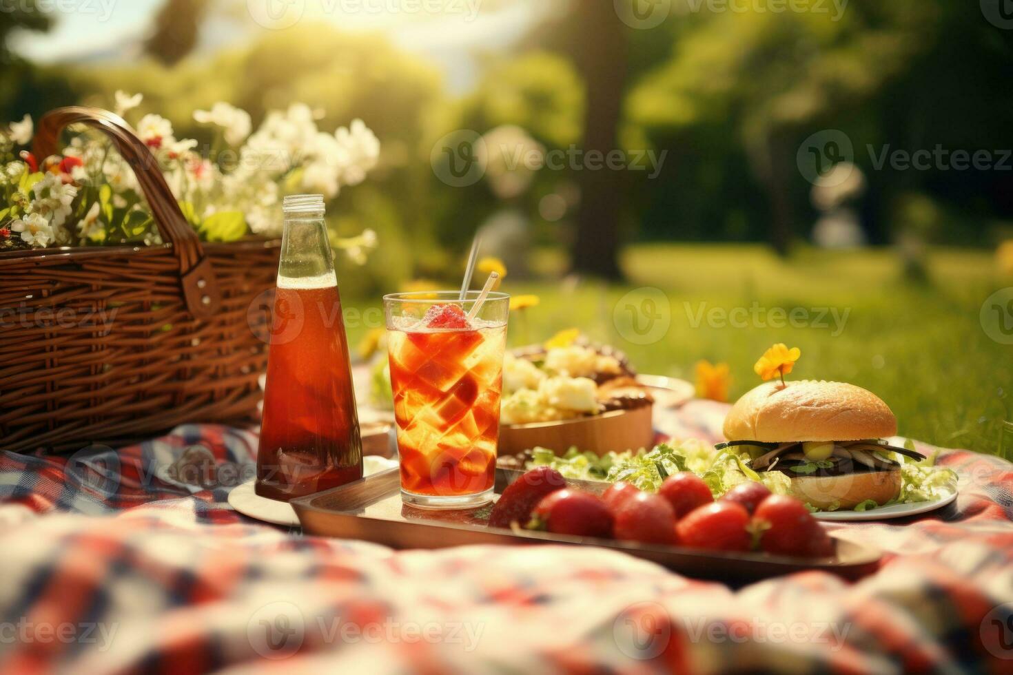 schließen oben von Essen, Getränke und Picknick Korb auf Decke auf Gras beim Sommer- Park. generativ ai foto