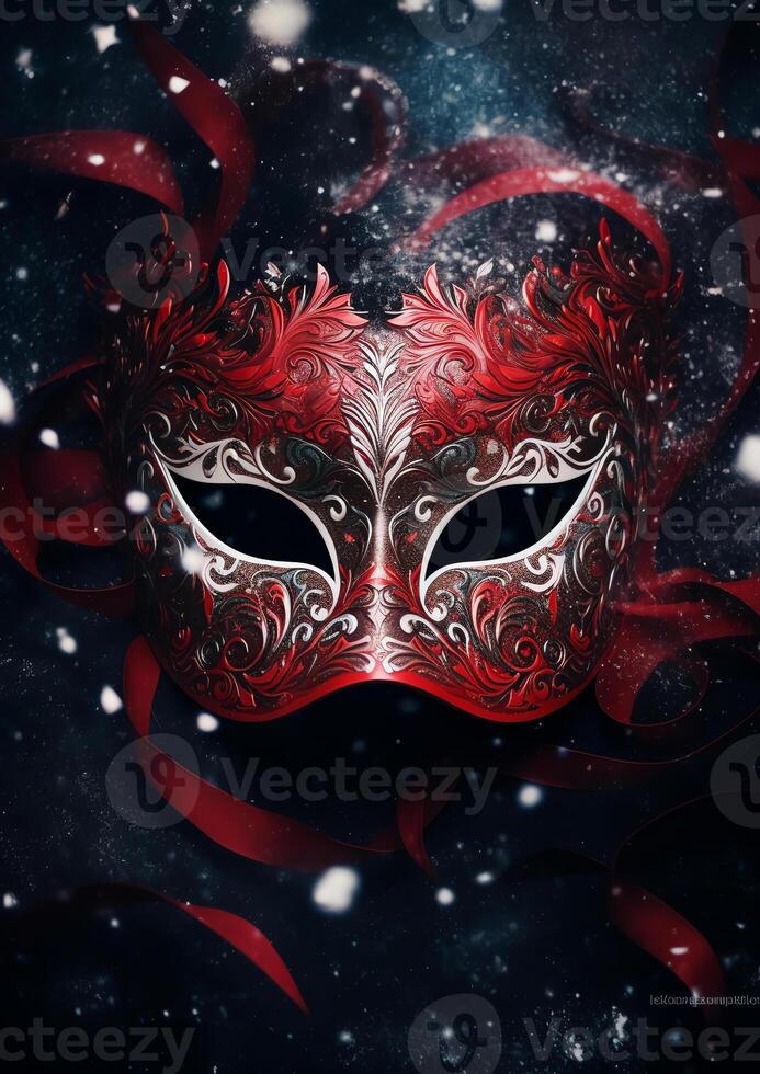 ai generativ venezianisch Karneval Maske auf ein schwarz Hintergrund rot Karneval Maske auf das Geäst von Fichte oder Tanne Party korporativ Party Karneval Spaß Spiel Urlaub Maskerade Weihnachten und Neu Jahr ba foto