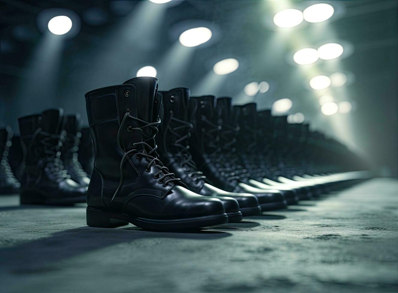 Militär- Stiefel auf das Beine von Soldaten im ein Reihe. erstellt mit generativ ai Technologie. foto