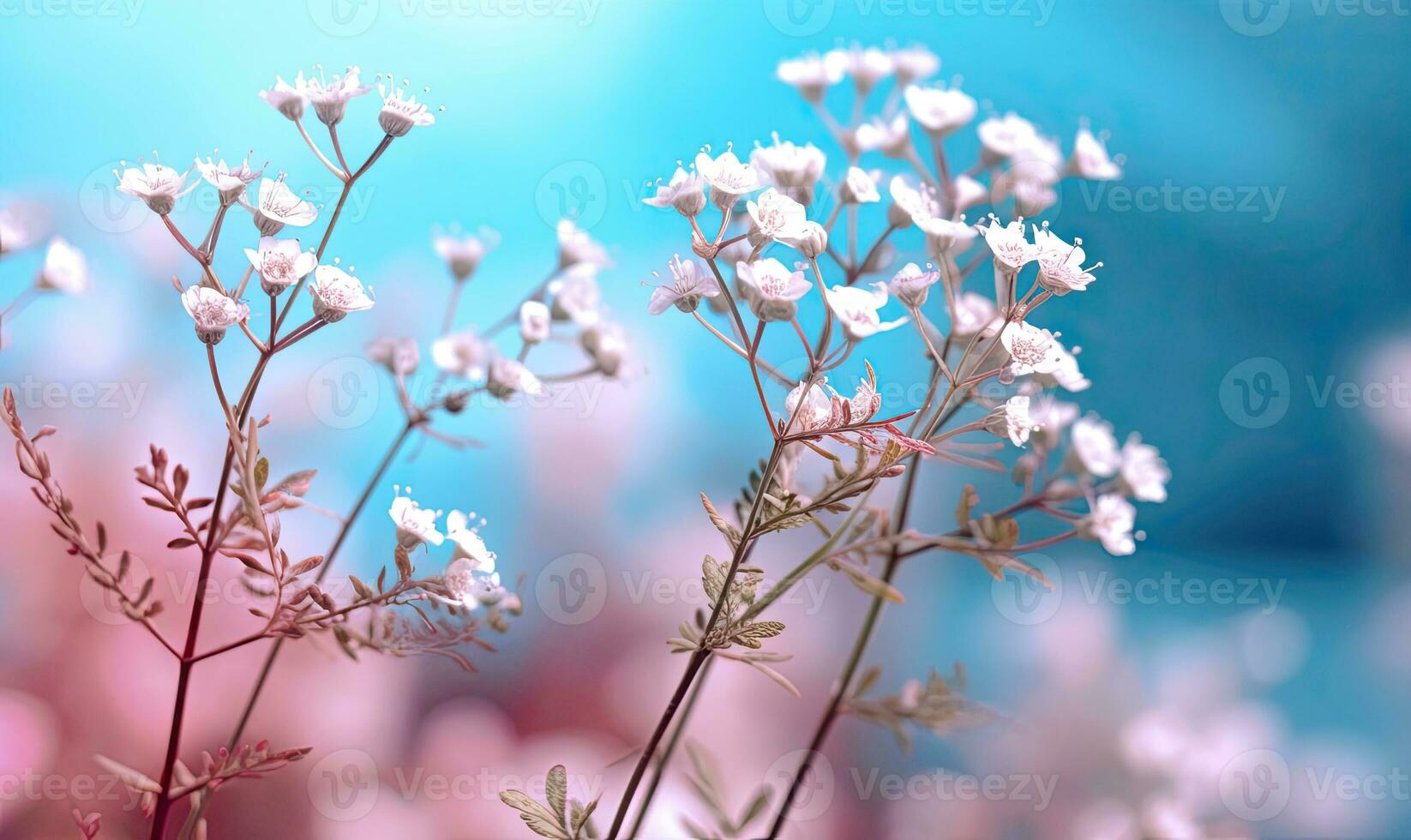 Blumen Blüten auf das Hintergrund von das Frühling Himmel. Blumen- im Feld Hintergrund. zum Banner, Postkarte, Buch Illustration. erstellt mit generativ ai Werkzeuge foto