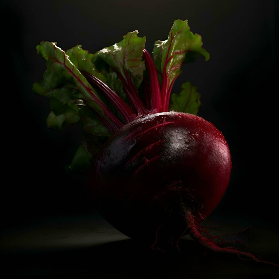 Rote Beete mit Blätter auf ein schwarz Hintergrund. Studio Schuss. foto