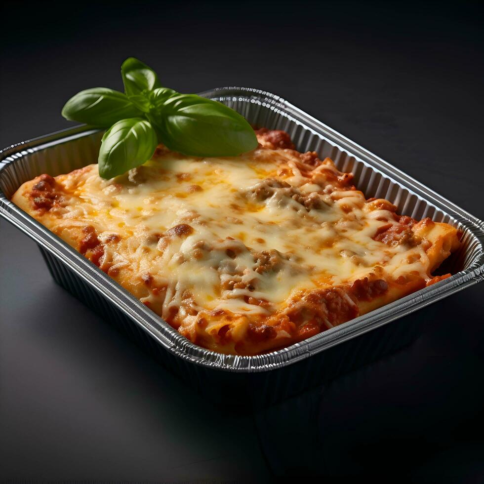Lasagne mit Fleisch und Käse im ein Container auf ein schwarz Hintergrund foto