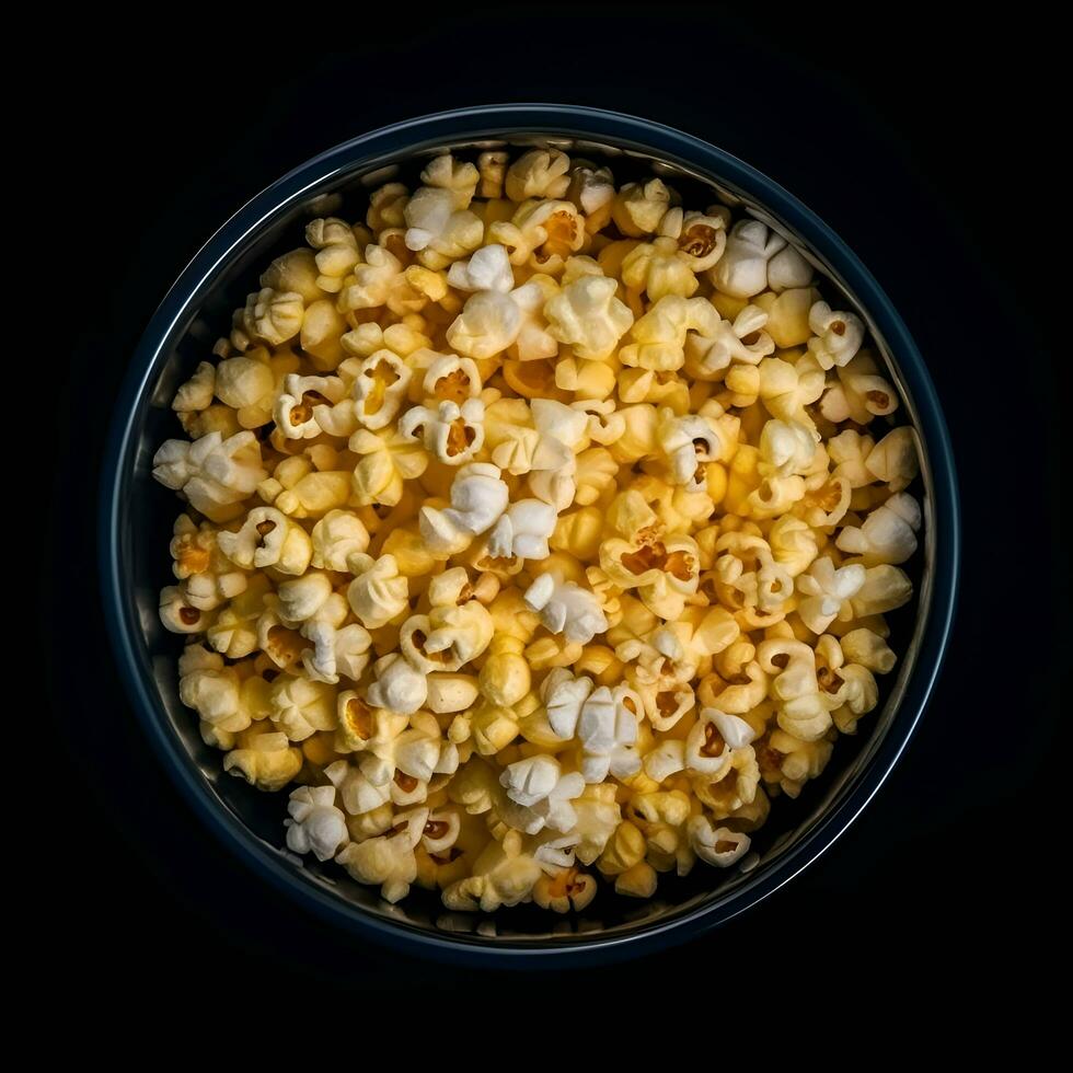 Popcorn im ein Schüssel auf ein schwarz Hintergrund. oben Sicht. foto