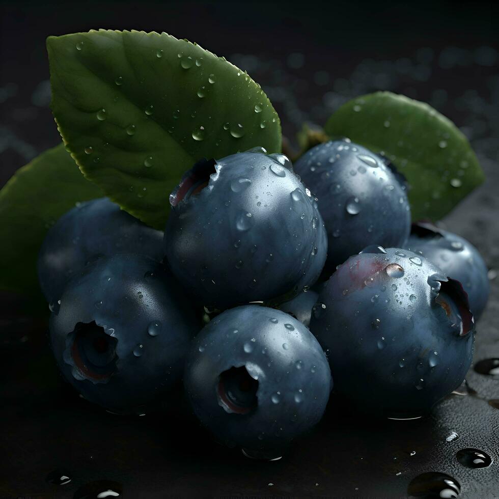 frisch Blaubeeren mit Wasser Tropfen auf dunkel Hintergrund Nahansicht foto